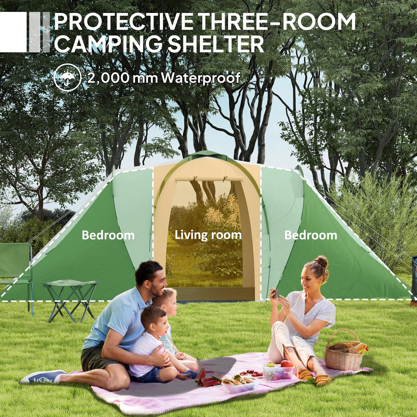 Large Camping Tent Tunnel Tent with 2 Bedroom and Living Area