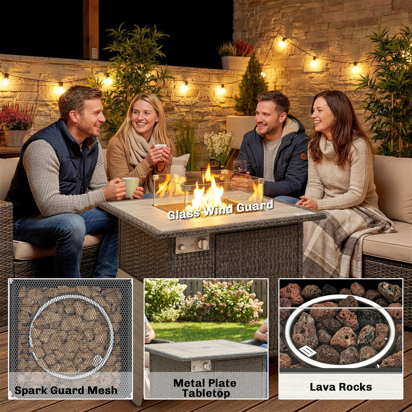 14.5 KW Rattan Gas Fire Pit Dining Table with Rain Cover, Wind Guard
