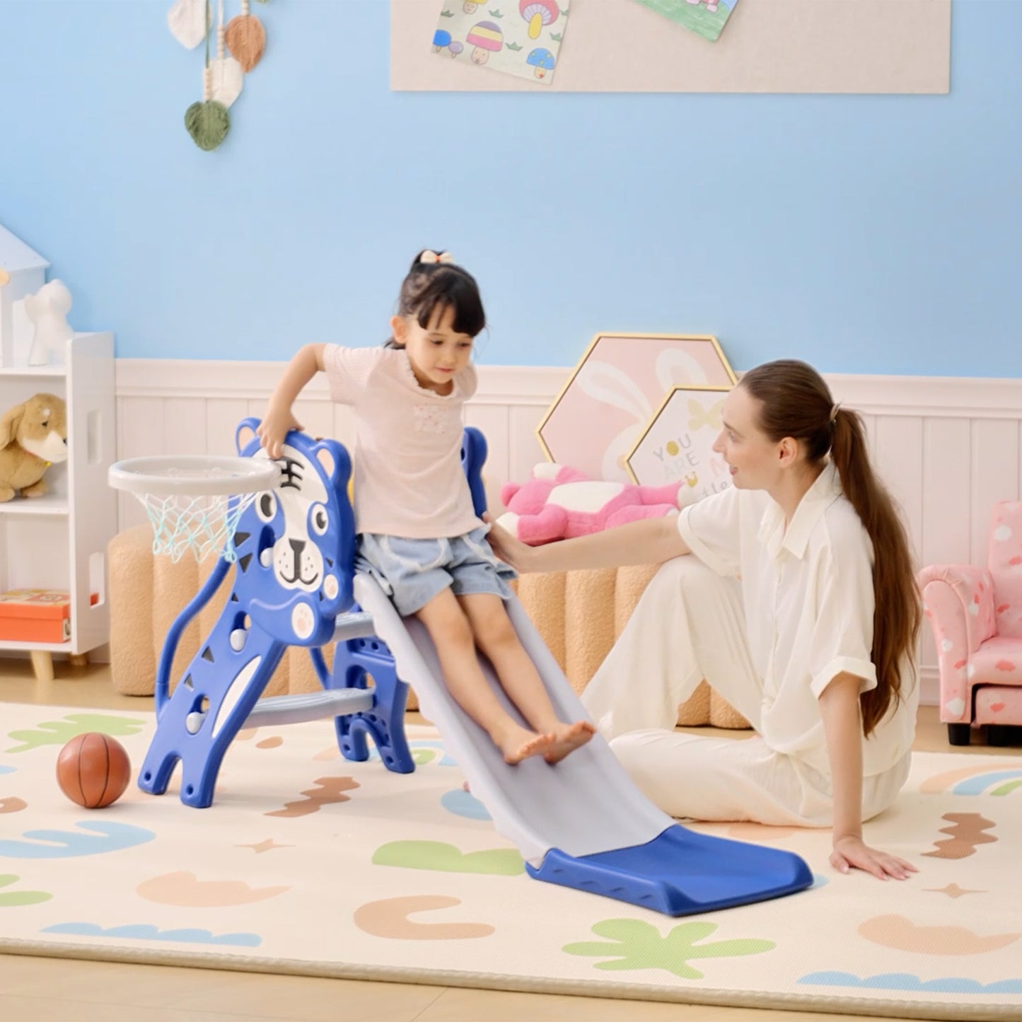3 in 1 Baby Slide for Indoor Use with Climber, Basketball Hoop