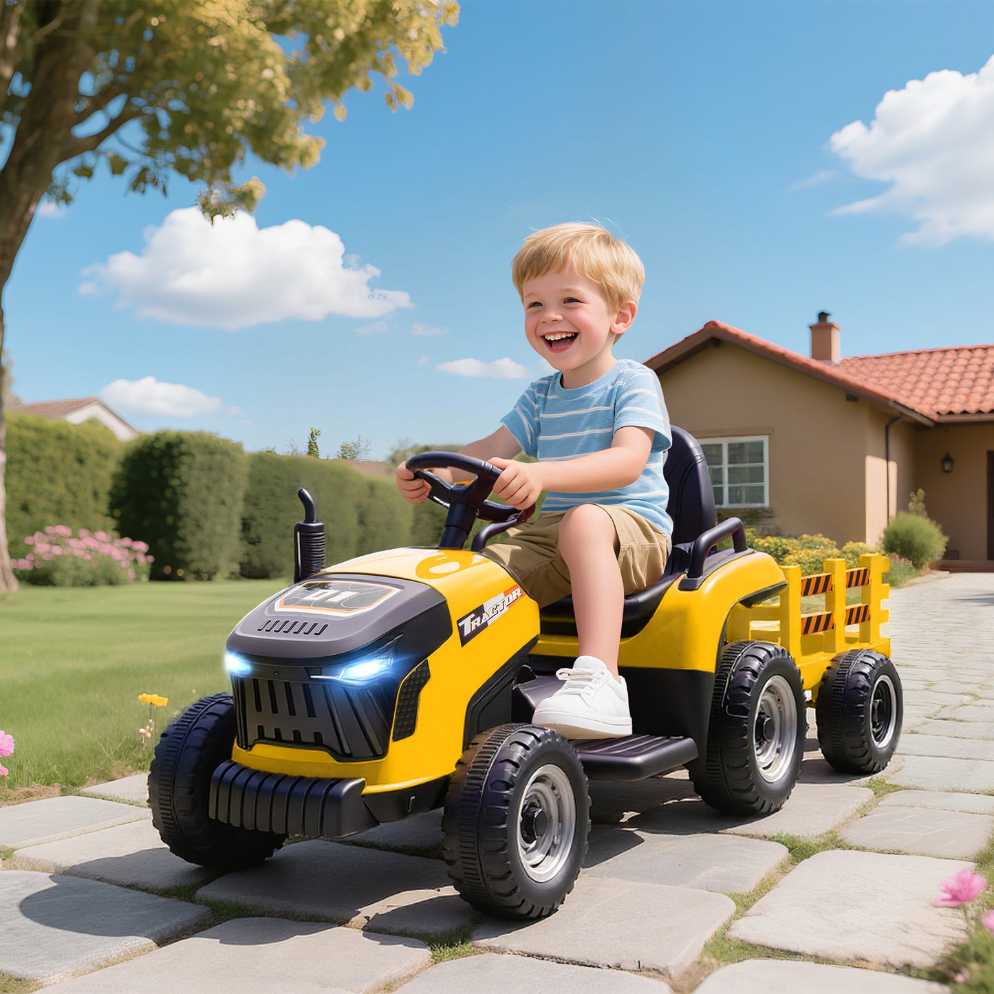 12V Ride on Tractor and Trailer with Remote Control, Music, Shifter