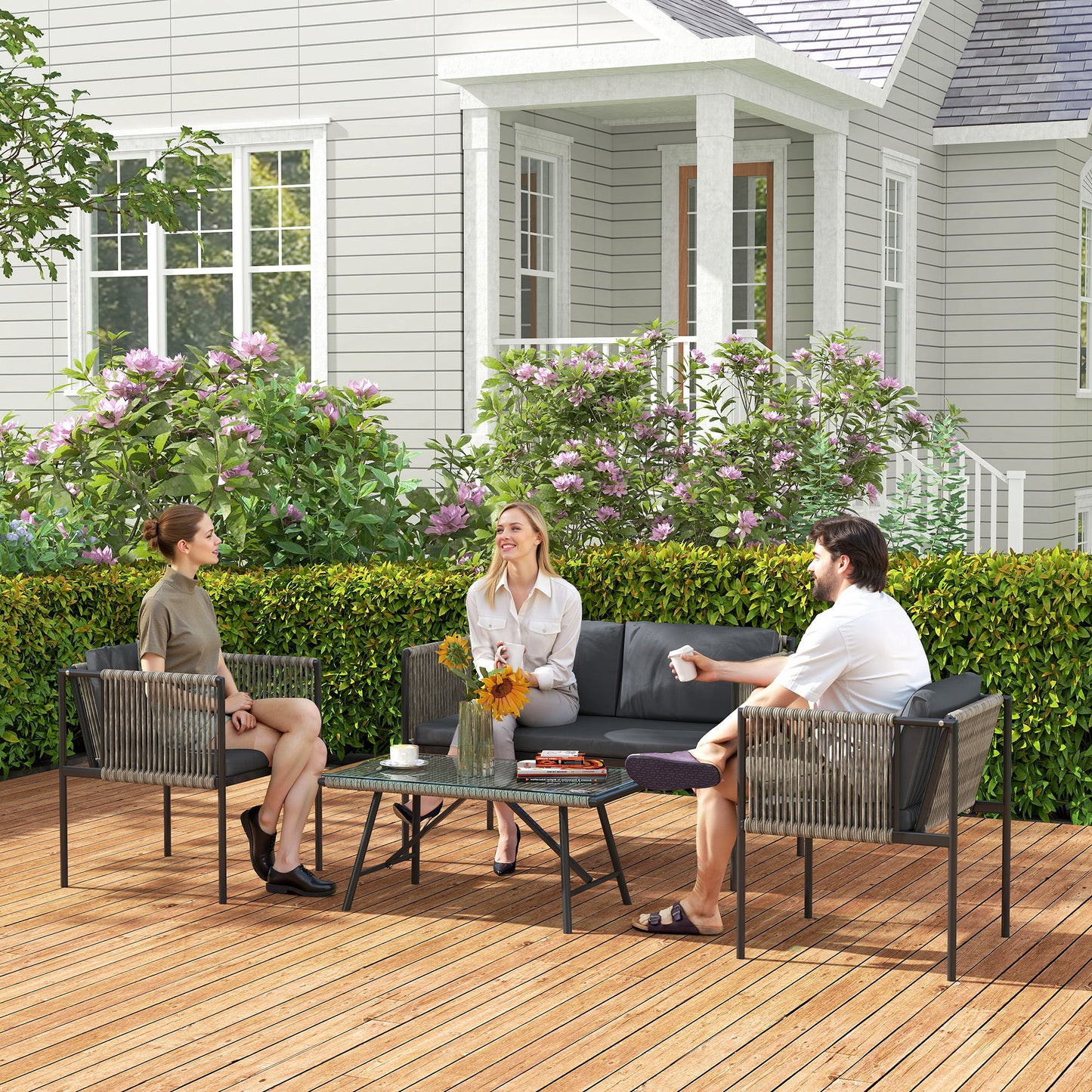 Four-Piece Round Rattan Rope Sofa Set