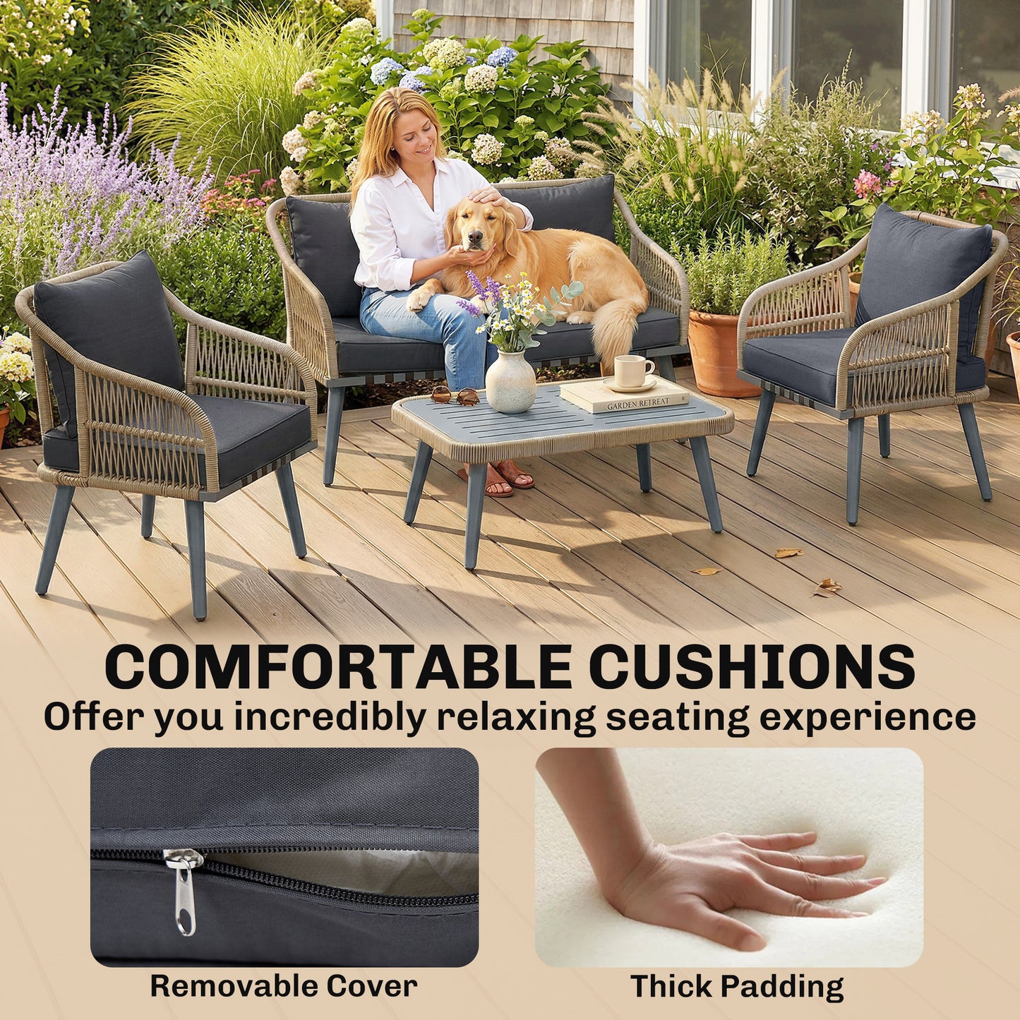 4 Piece Rattan Garden Furniture Set with Loveseat, Armchairs