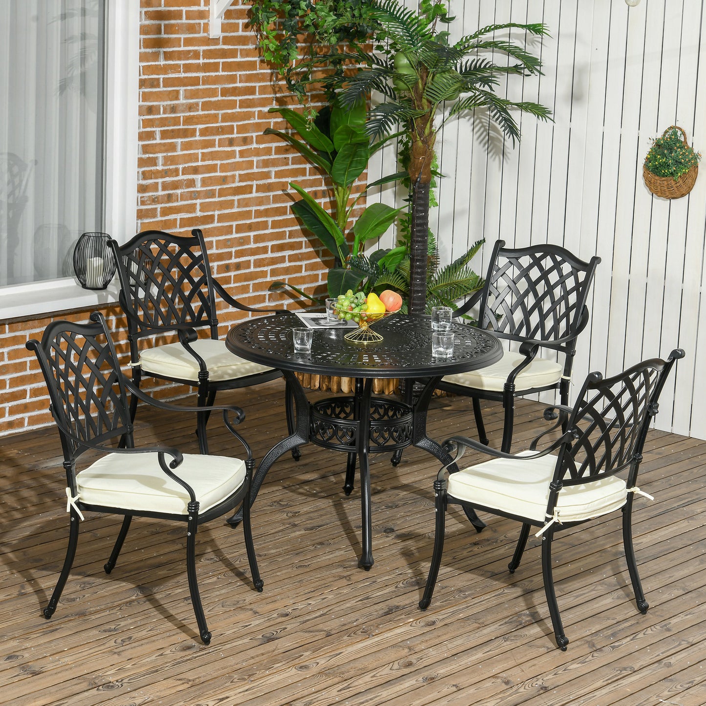 Cast Aluminium 4 Seater Outdoor Dining Set with Cushions Parasol Hole
