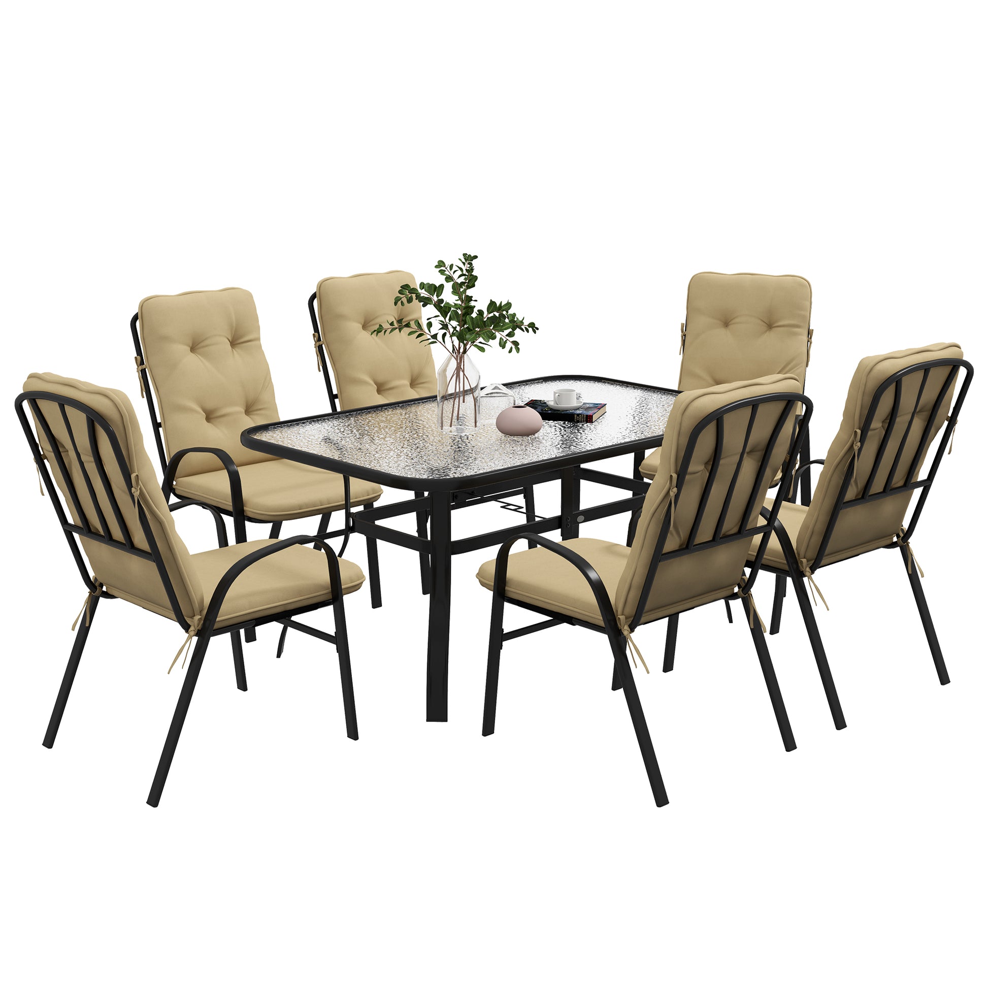 Seven-Piece Garden Dining Set with Ripple Tempered Glass Tabletop