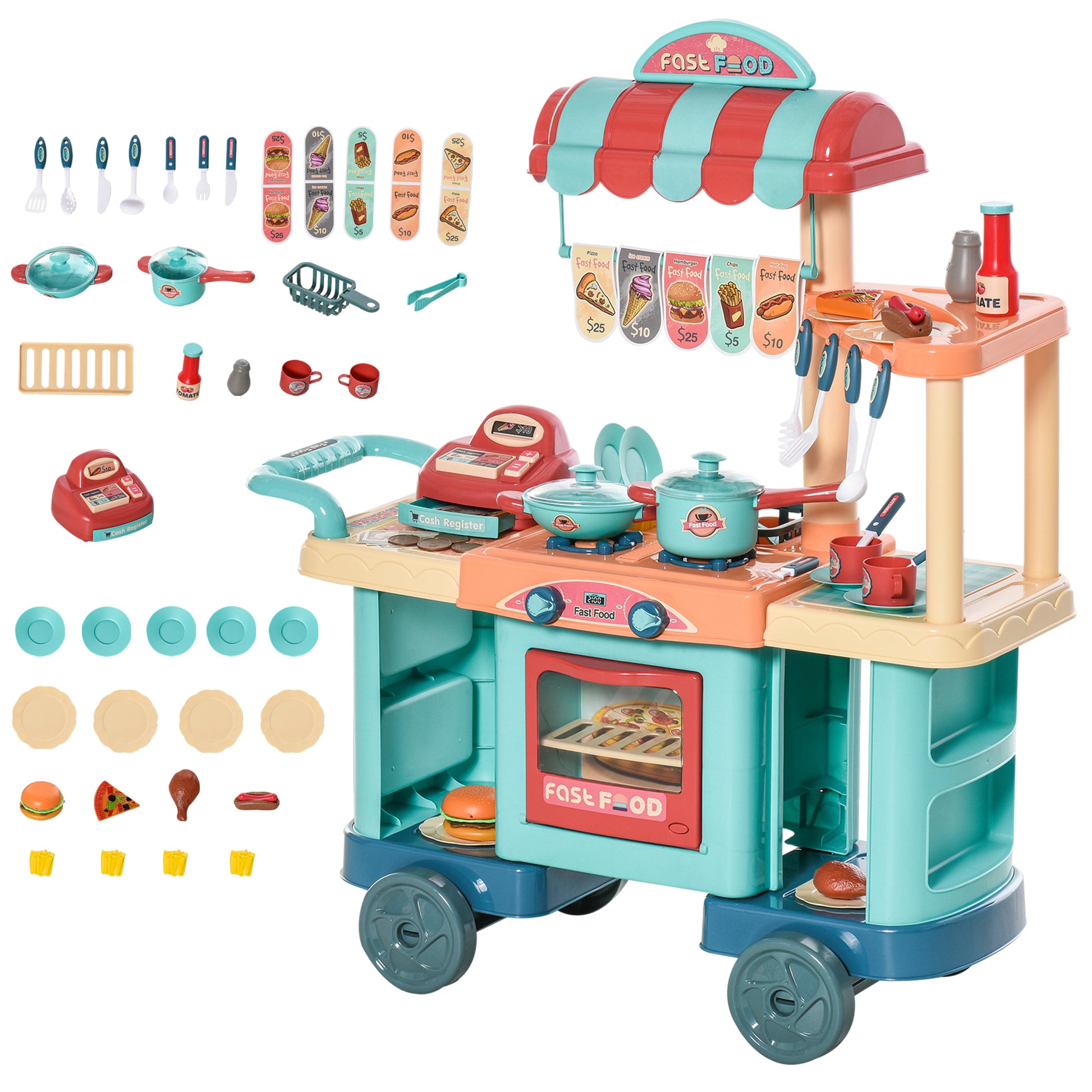 50 Pcs Kids Kitchen Play set Fast Food Trolley Cart Pretend Playset
