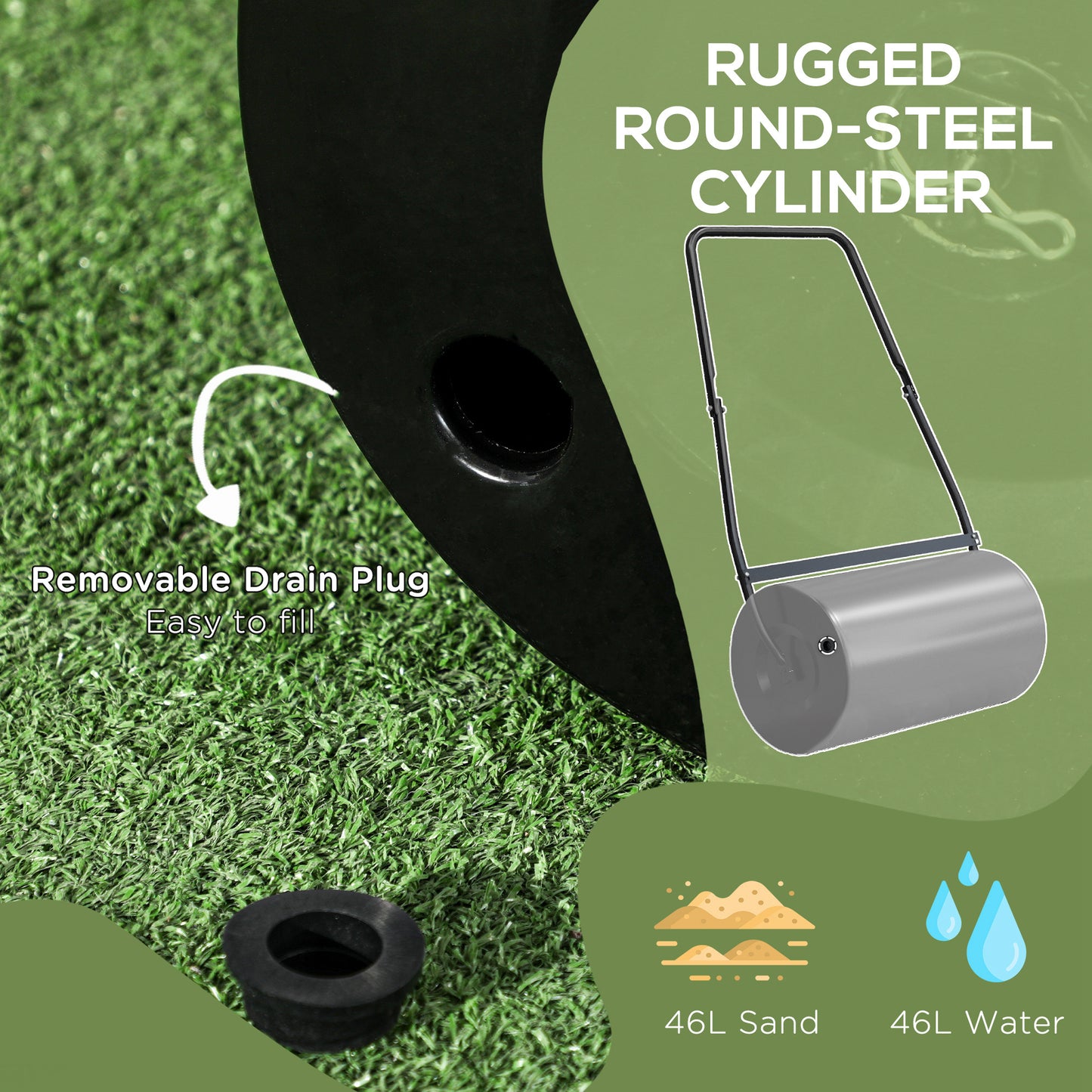 Heavy Duty Garden Lawn Roller Push Tow Water Sand Filled 46L