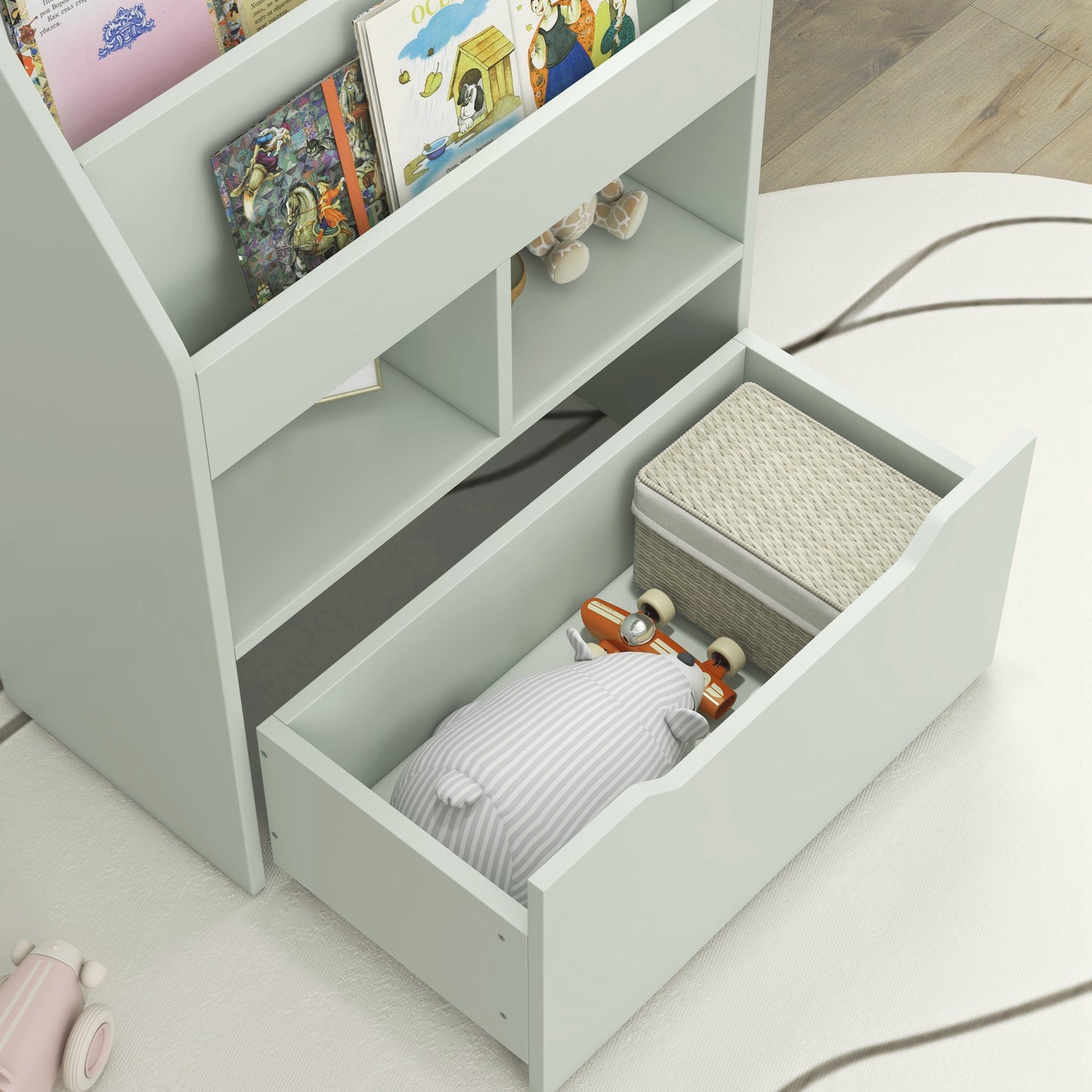 Kids Bookshelf, Toy Organiser, with Storage Drawer, Wheels