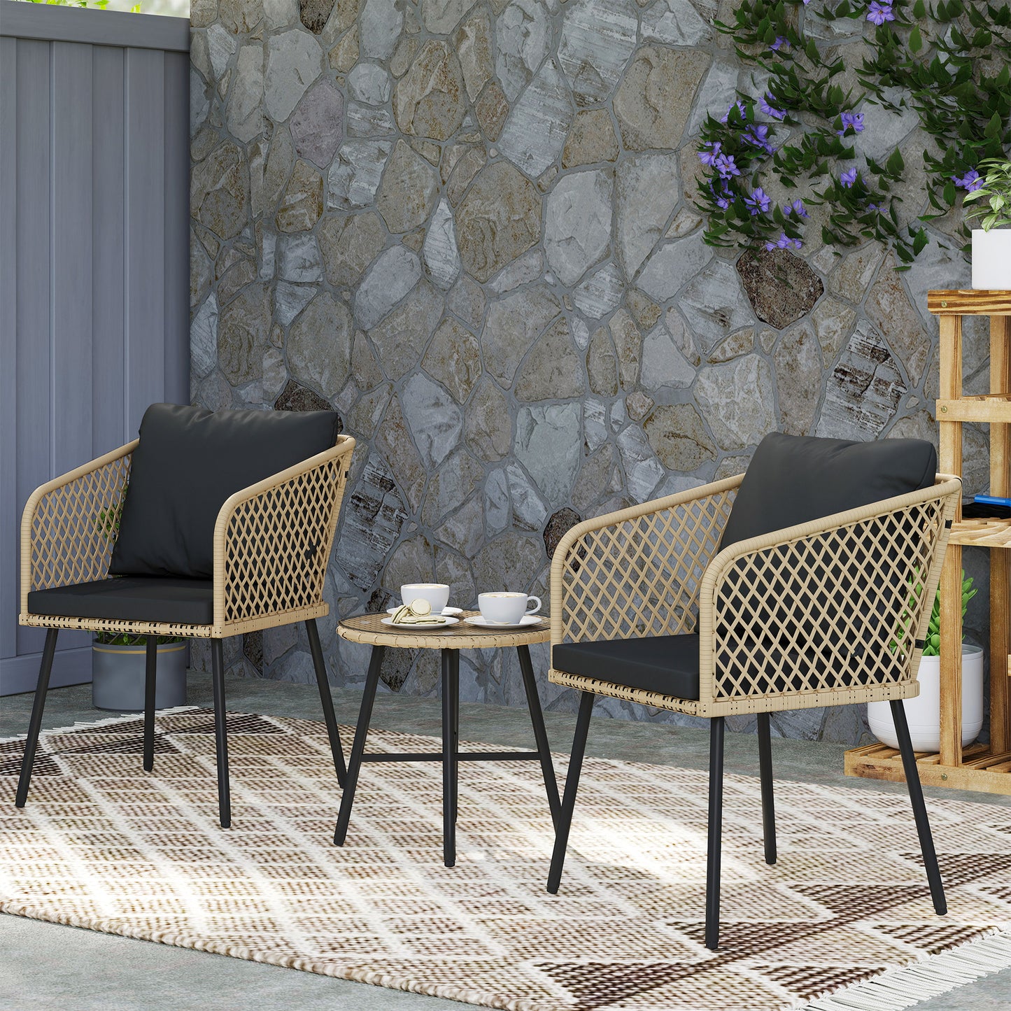 Three-Piece Cut-Out Rattan Chair and Table Set - Brown/Black