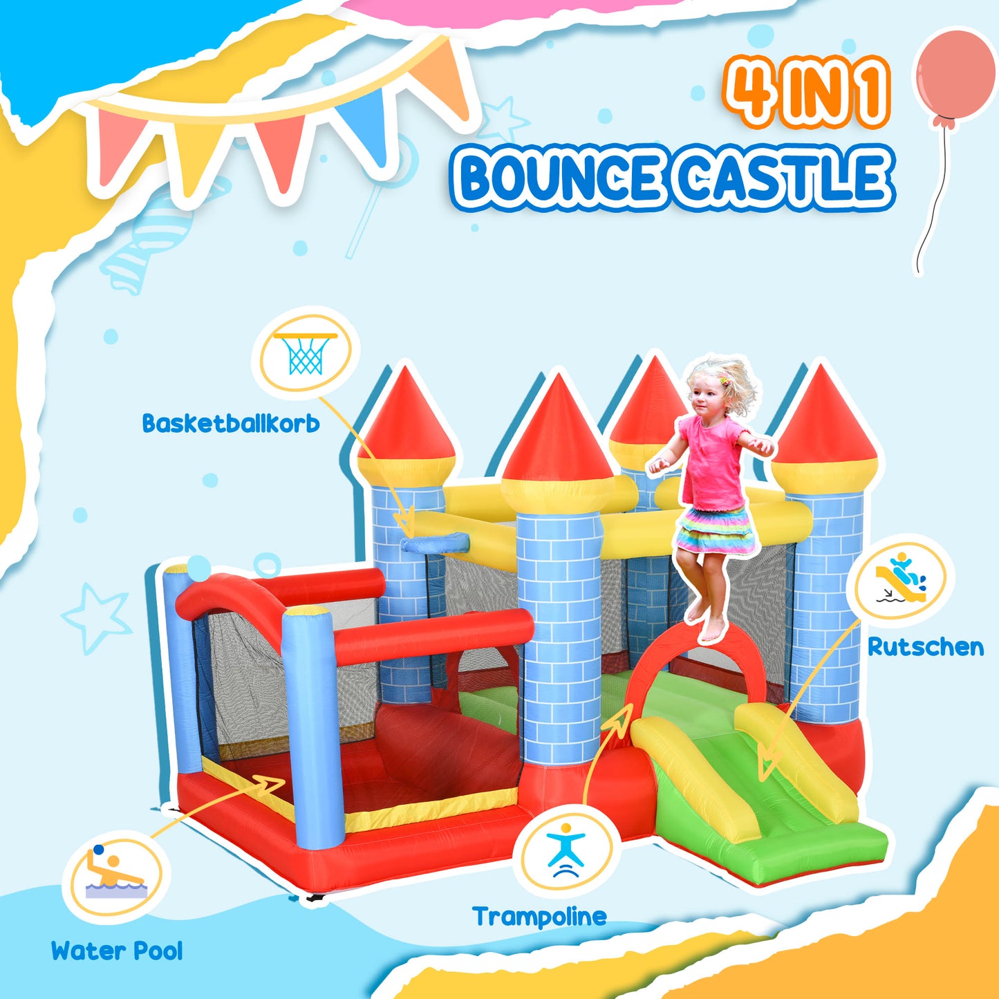 Kids Bounce Castle Inflatable Trampoline Slide Pool Basket