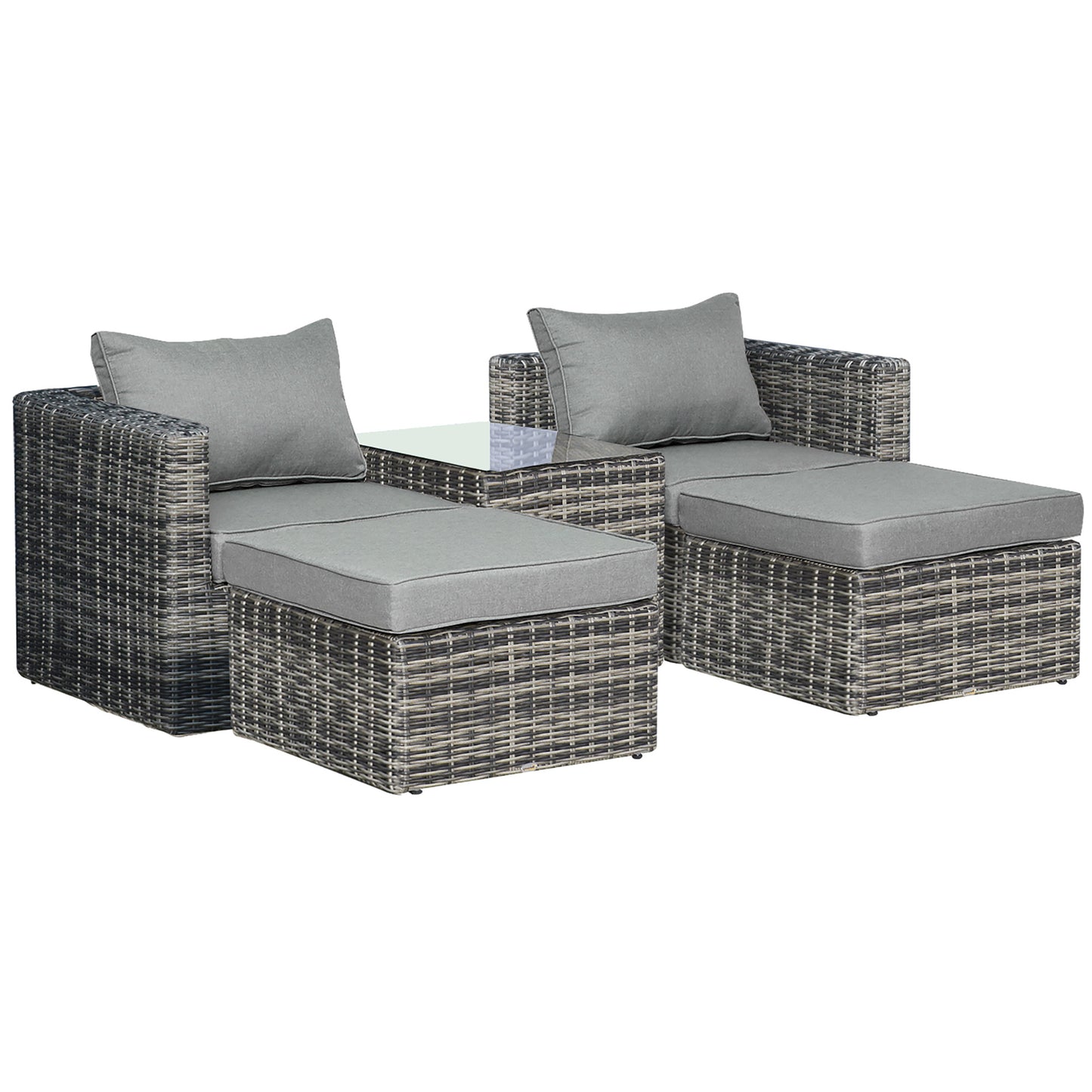 Five Piece Rattan Armchair, Stool and Table Set
