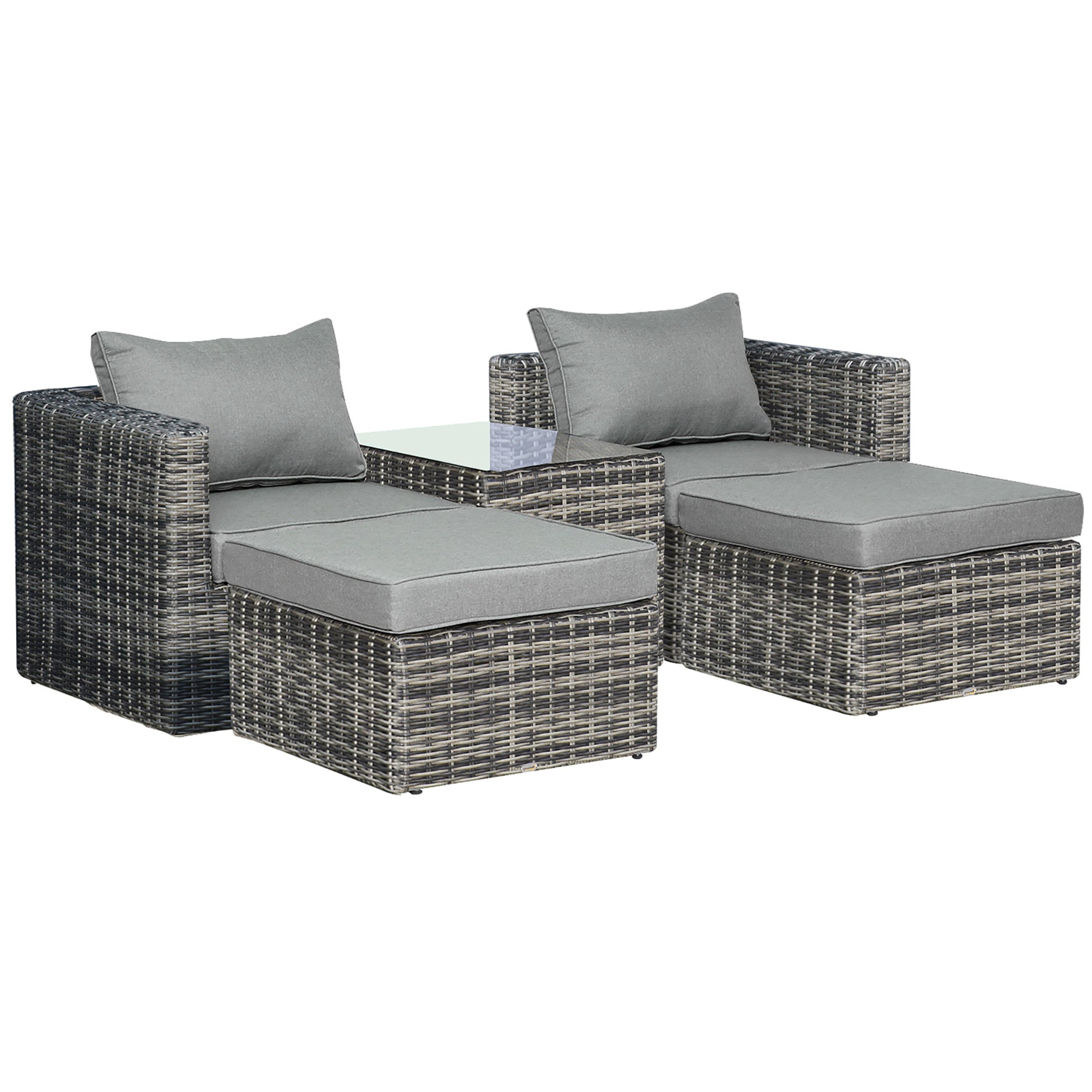 Five Piece Rattan Armchair, Stool and Table Set