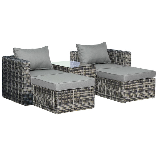 Five Piece Rattan Armchair, Stool and Table Set
