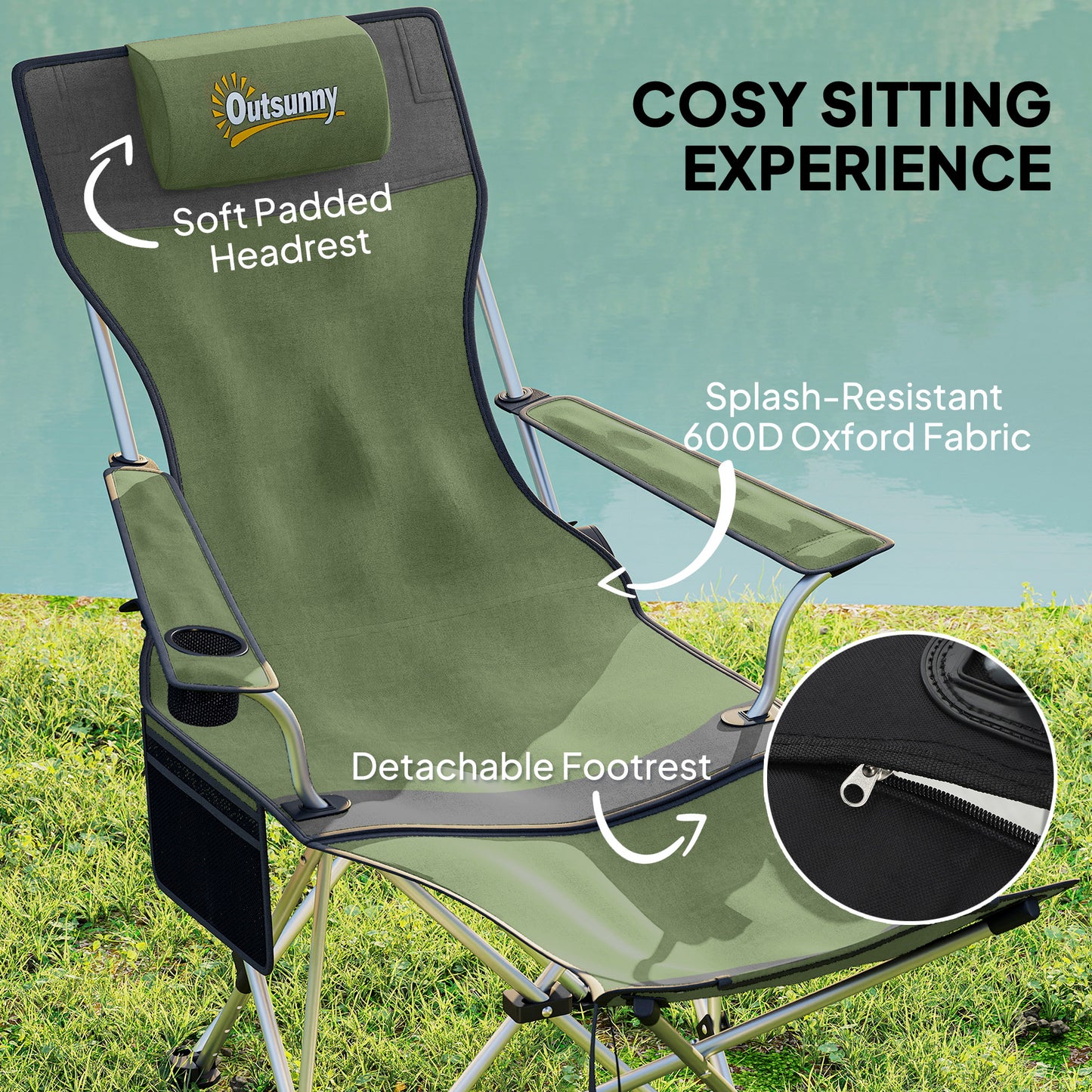 Set of 2 Reclining Folding Camping Chair w/ Detachable Footrest