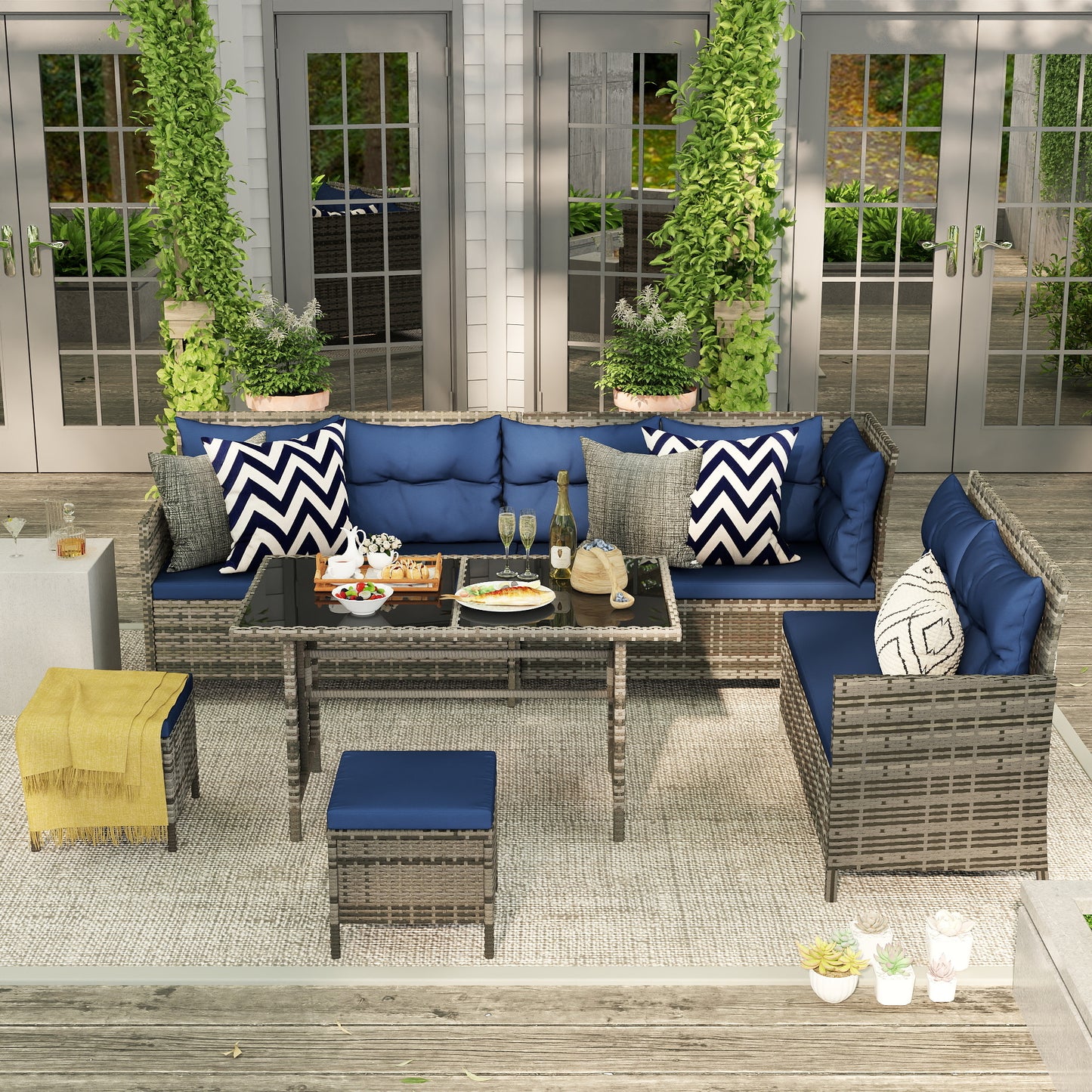7-Seater Patio wicker Sofa Set Rattan Chair Furniture w/ Glass &