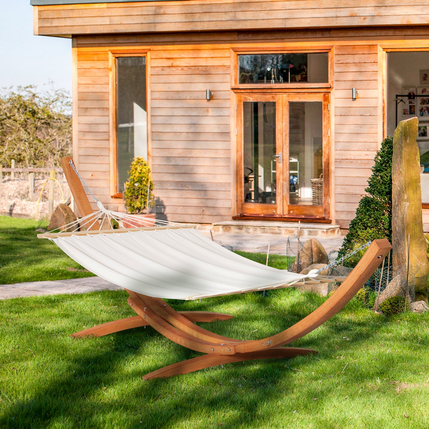 Outdoor Garden Hammock with Wooden Stand Swing Hanging Bed for Patio