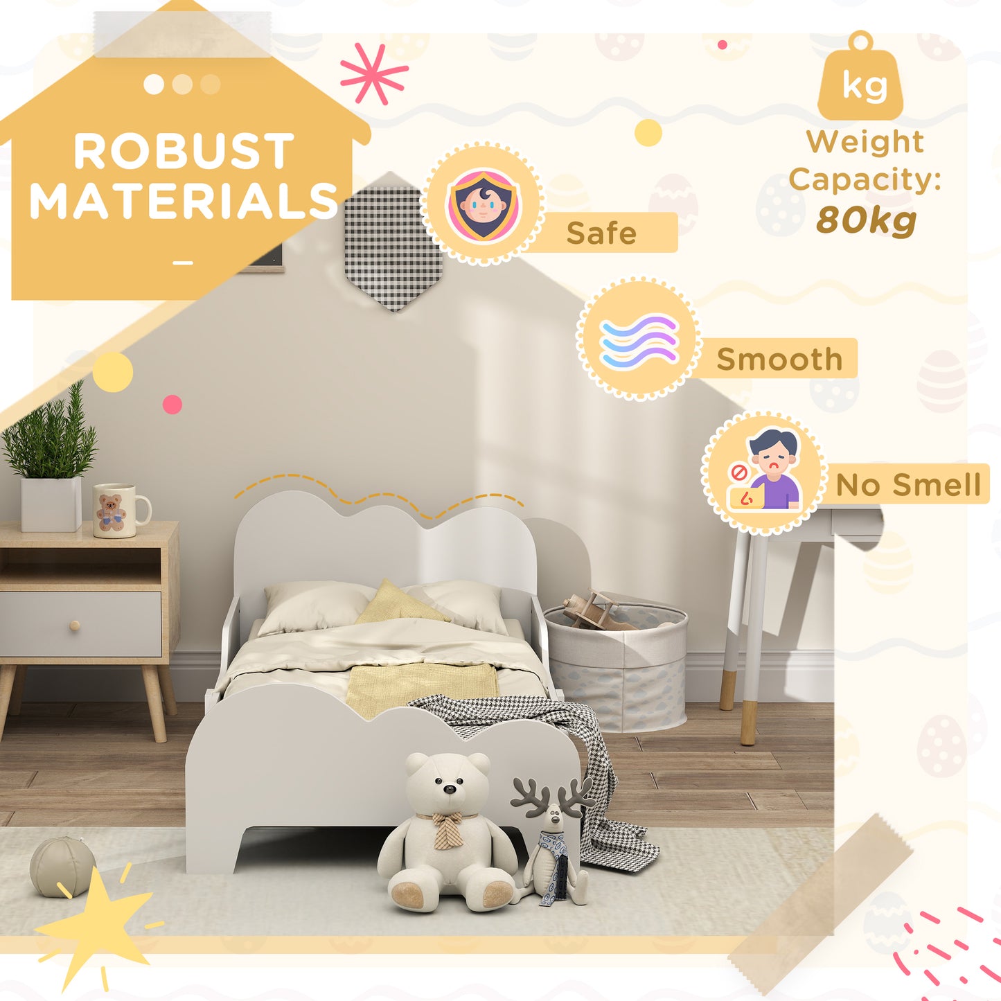 Cloud-Themed Toddler Bed Frame with Safety Rails, 143.5 x 74.5 x 56cm
