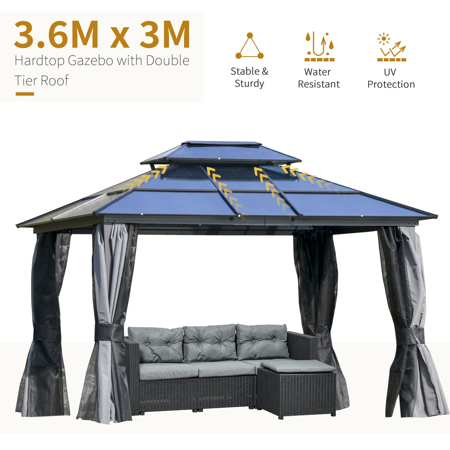 Outdoor 3.6 x 3(m) Gazebo Cabana w/ Steel Frame & Net Sidewalls