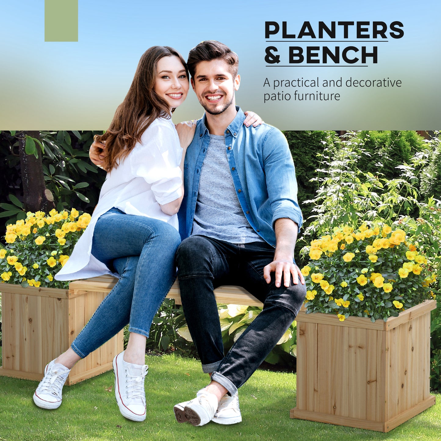 37L Wooden Garden Planter & Bench Combination Garden Raised Bed