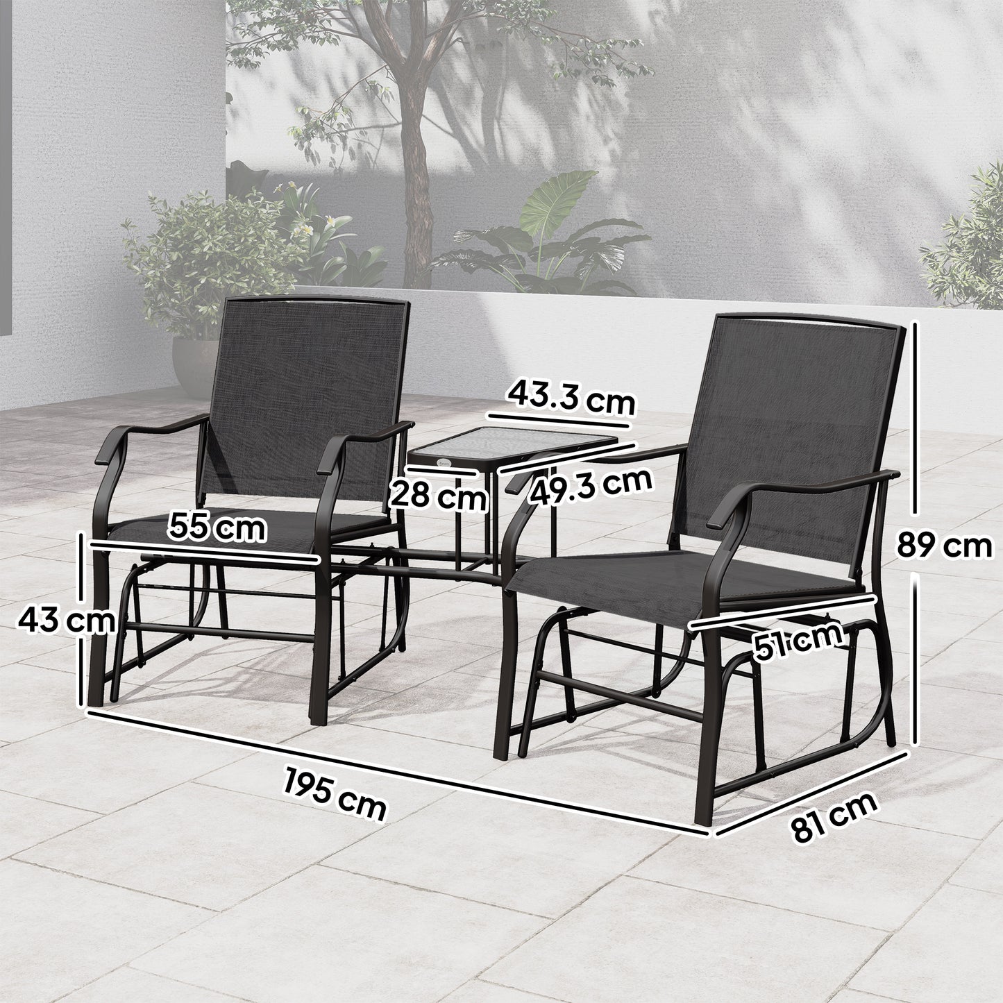 Gliding Jack and Jill Seat, with Glass-Top Table