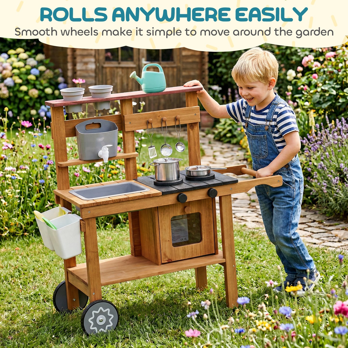 Wooden Mud Kitchen with Wheels, Stove, Faucet, Flower Pots