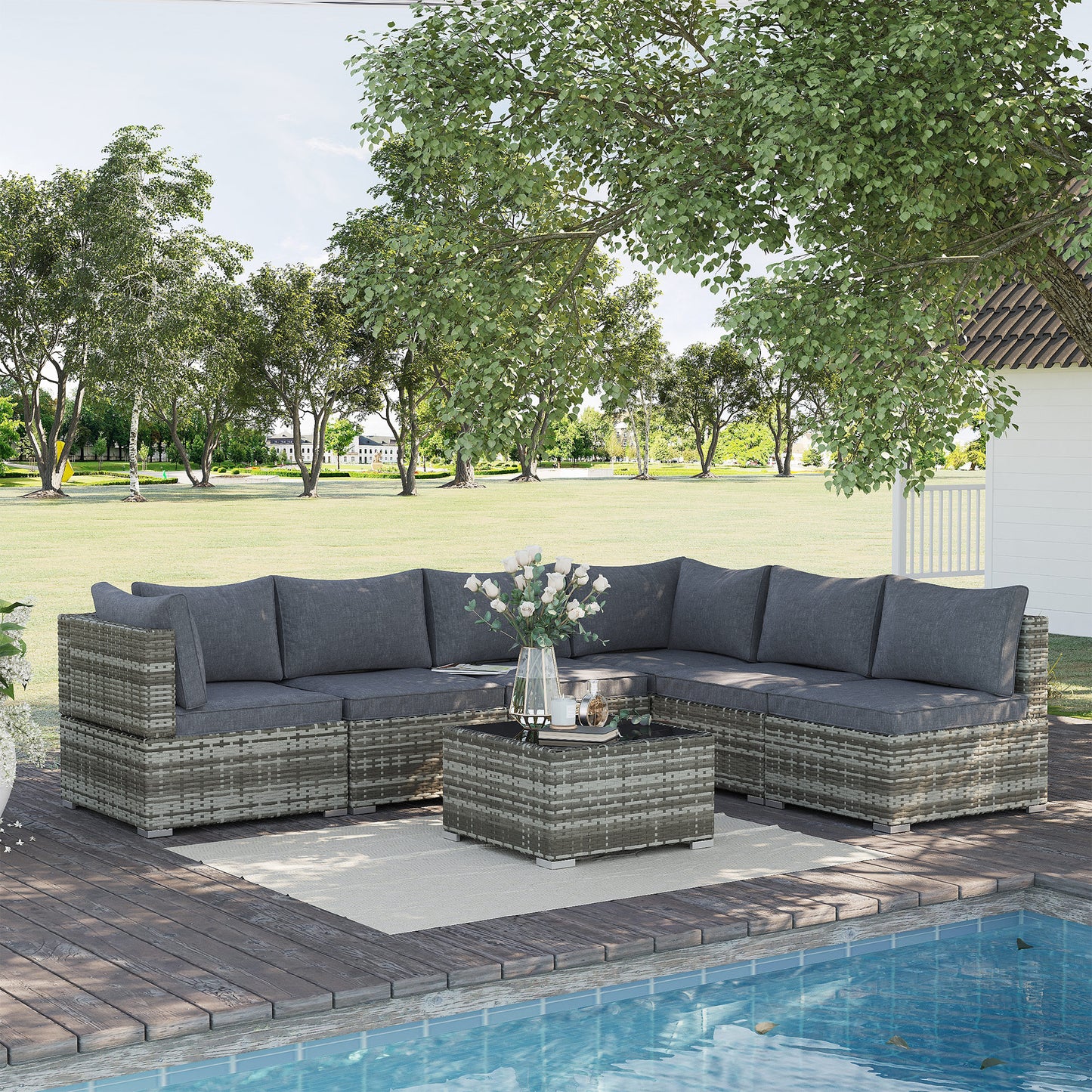 7 Pieces Outdoor PE Rattan Corner Sofa Set
