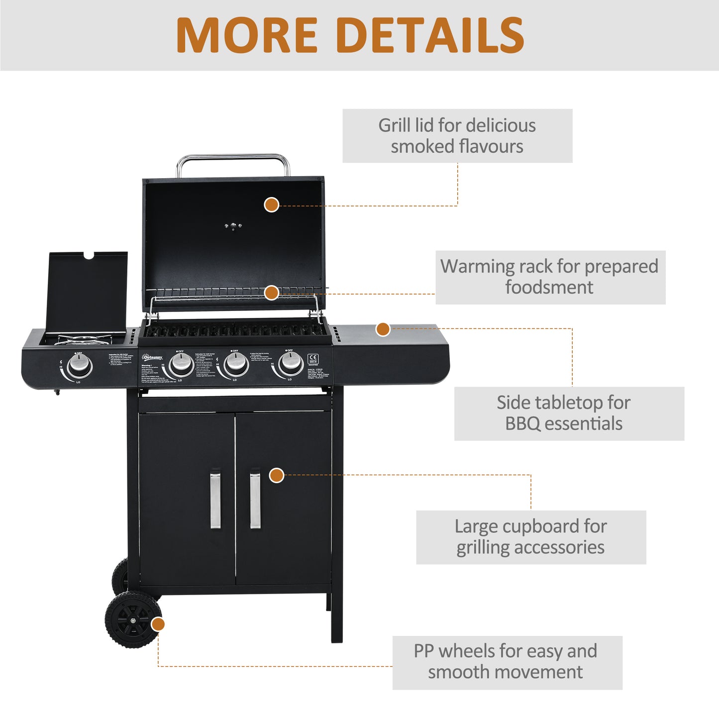 3+1 Burner Gas BBQ Grill, Outdoor Barbecue Trolley with Wheels