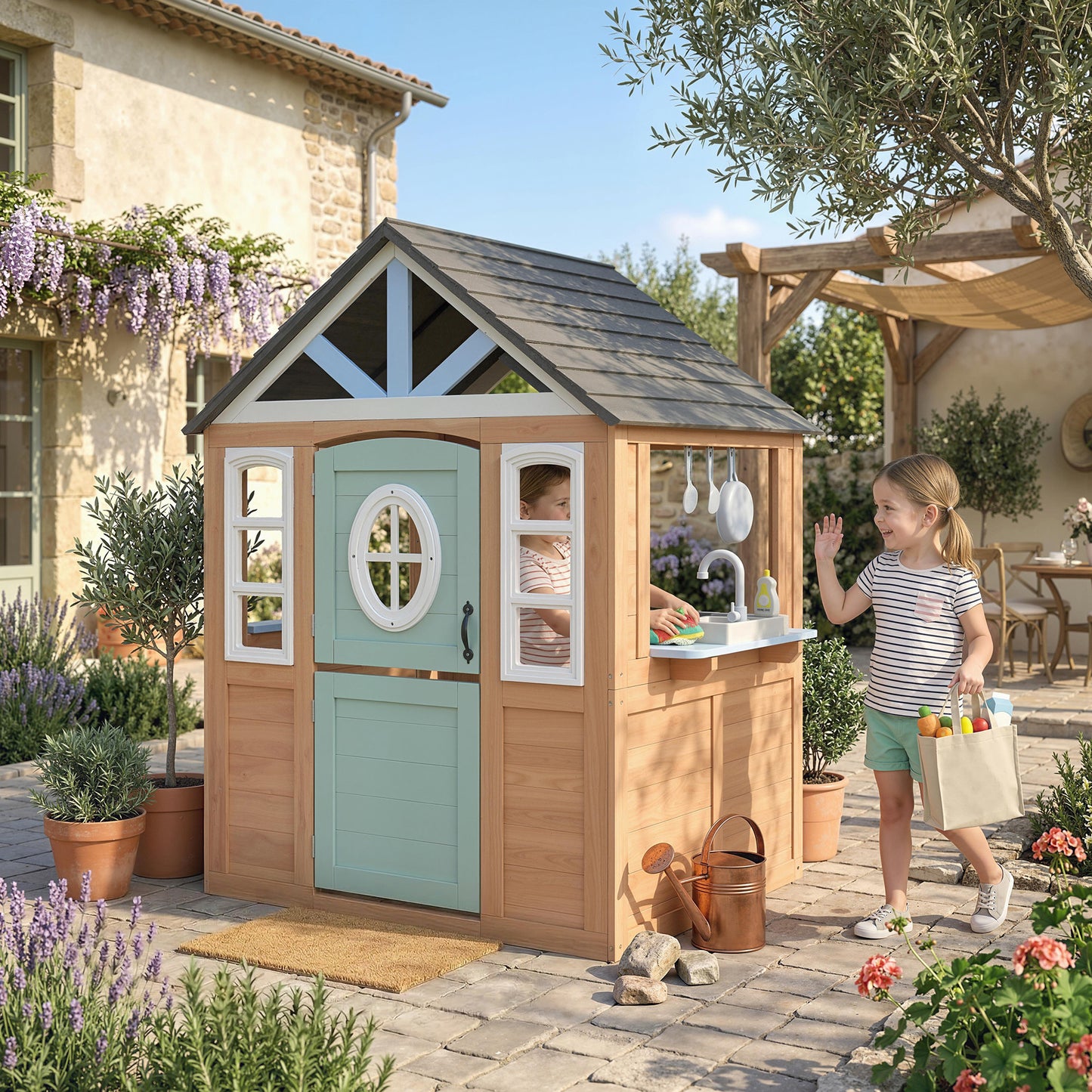 Wooden Playhouse for Kids, Wendy House with Pet Door, Play Kitchen