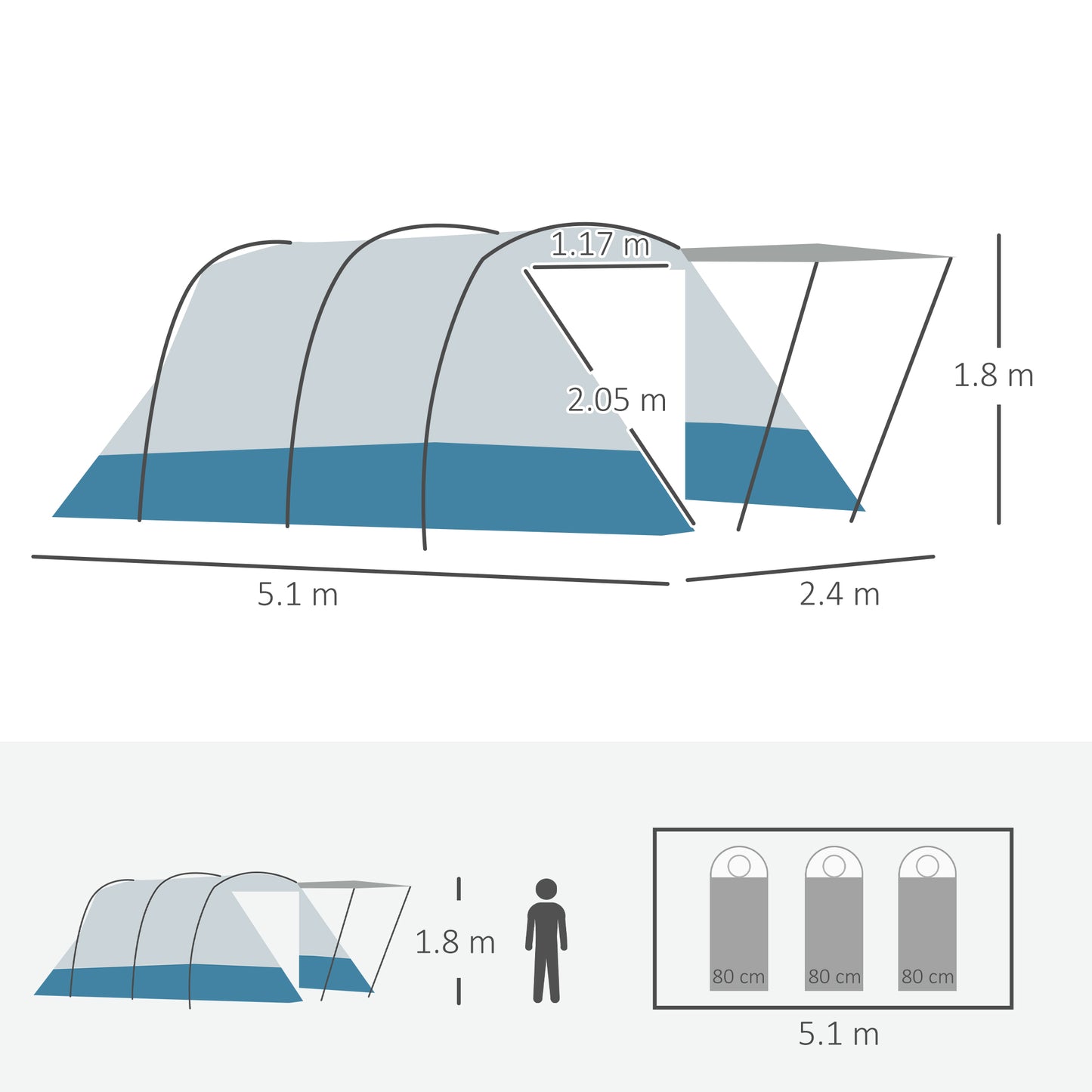 6-8 Person Tunnel Tent, Camping Tent with Bedroom, Living Room