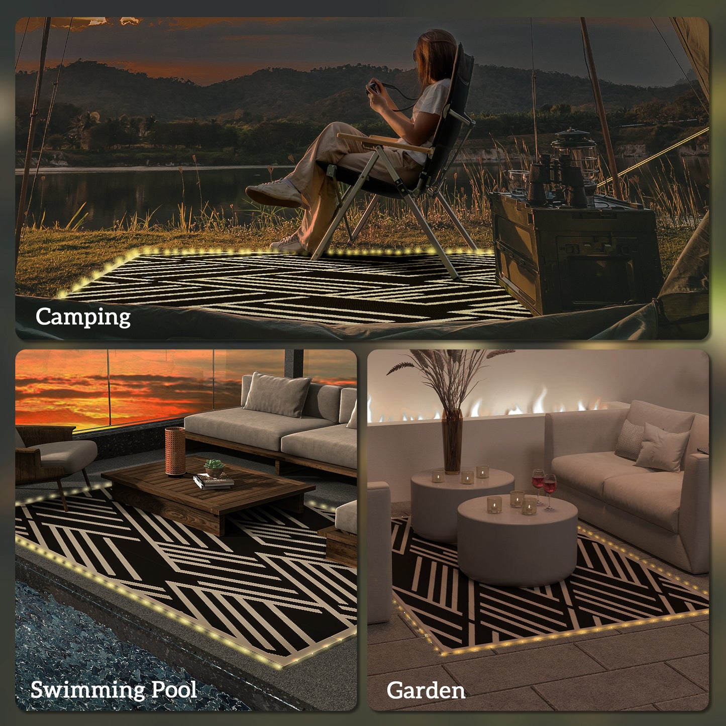 Plastic Straw Reversible RV Outdoor Rug with LED String Light (1)