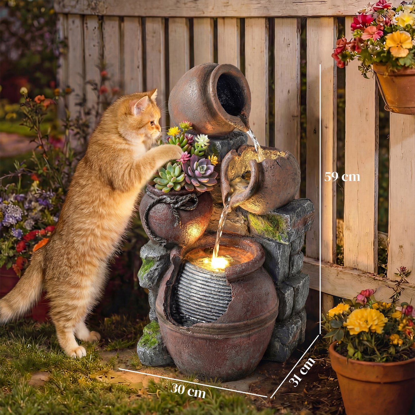 Outdoor Fountain with 4-Tier Rustic Pots & Planter