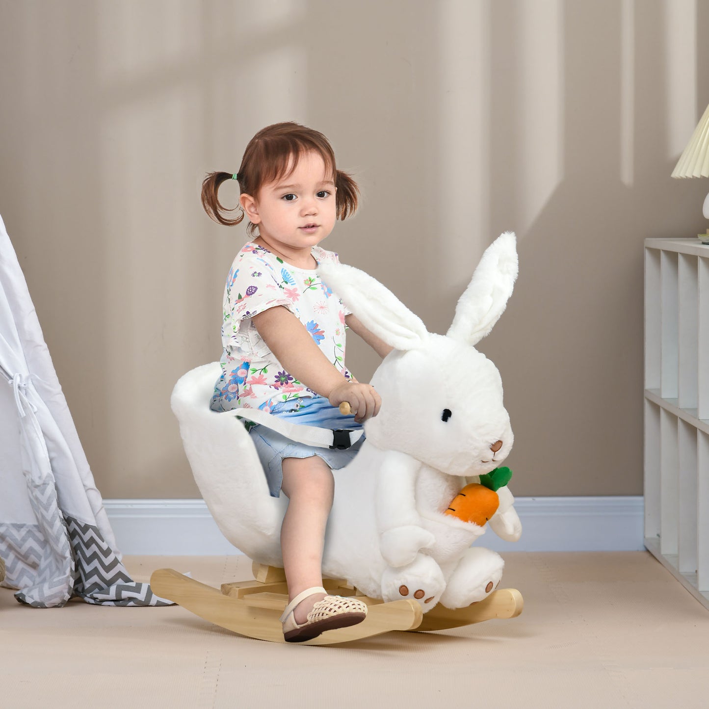 Kids Rabbit-Shaped Rocking Horse, with Safety Belt, Realistic Sounds