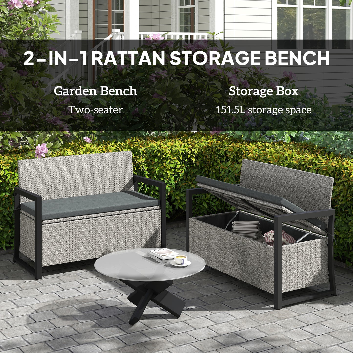 151.5L Storage Garden Bench, with Cushion