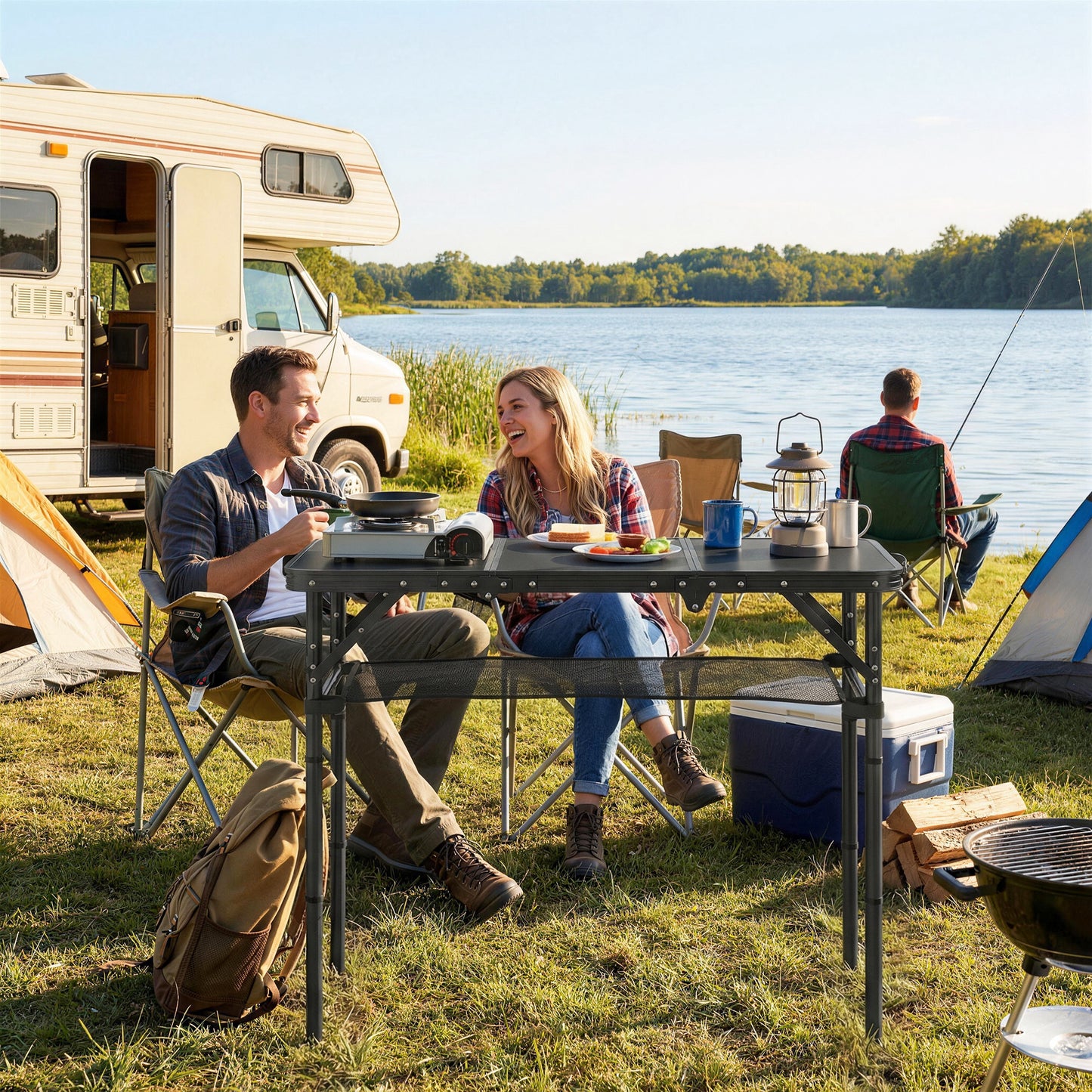 3ft Folding Camping Table, Picnic Table with Mesh Storage Layer