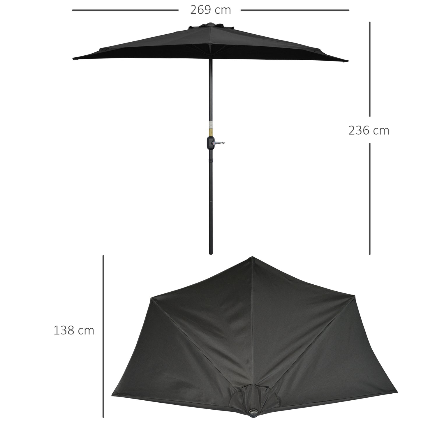 2.7m Garden Half Parasol, Outdoor Balcony Umbrella with 5 Steel Ribs