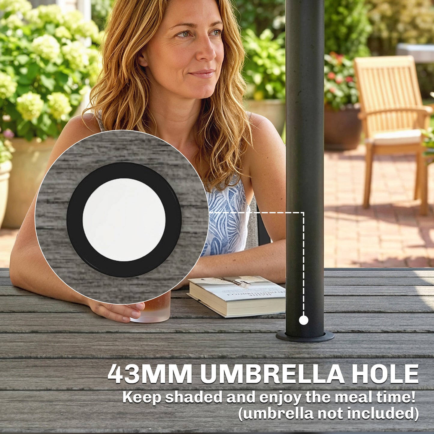 Square Garden Dining Table with Parasol Hole, Slatted Top