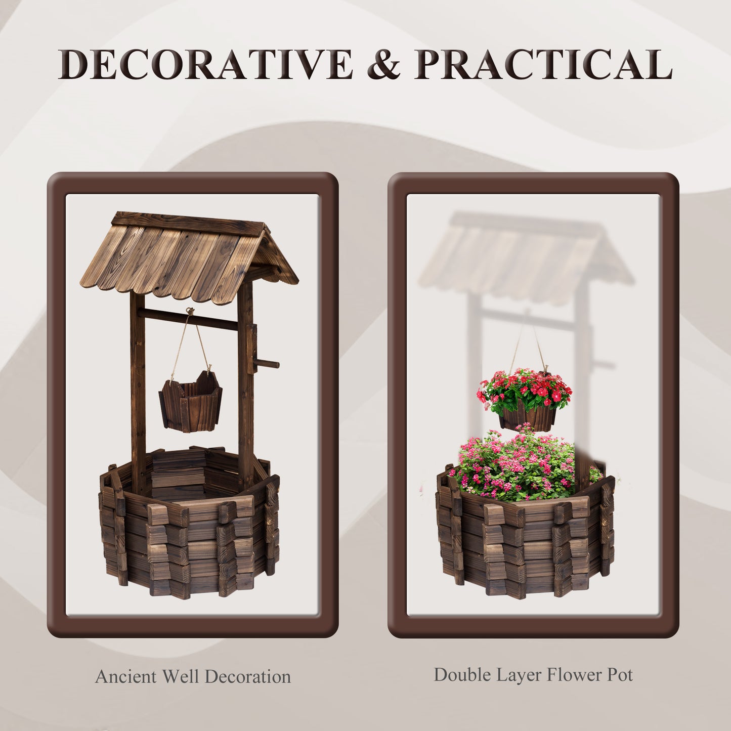 Wooden Wishing Well Planter Outdoor Flower Pot Backyard Garden