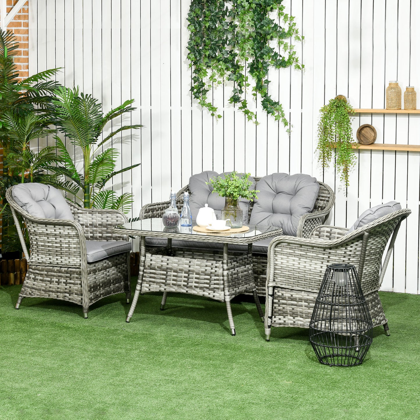 Four-Piece Rattan Set, with Glass-Top Table