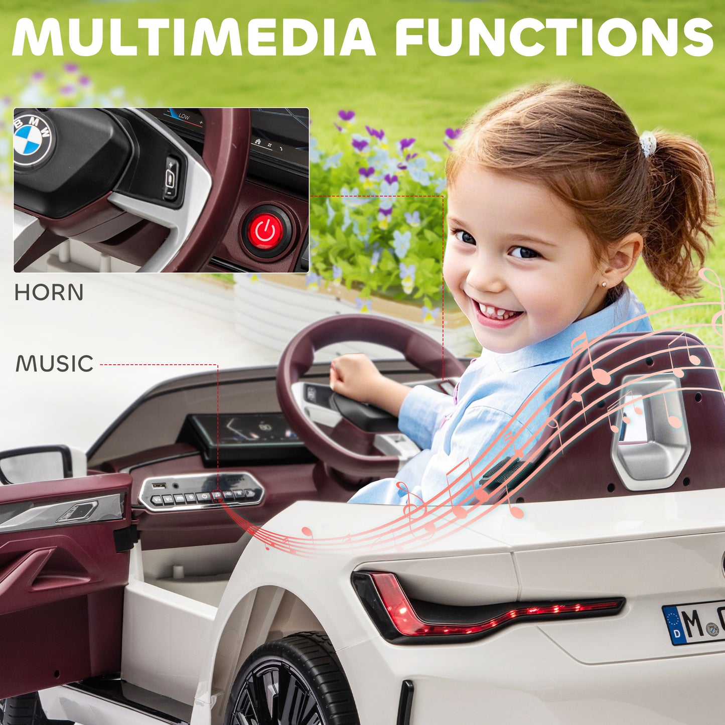 BMW i4 Licensed 12V Kids Electric Ride-On Car, White, Red and