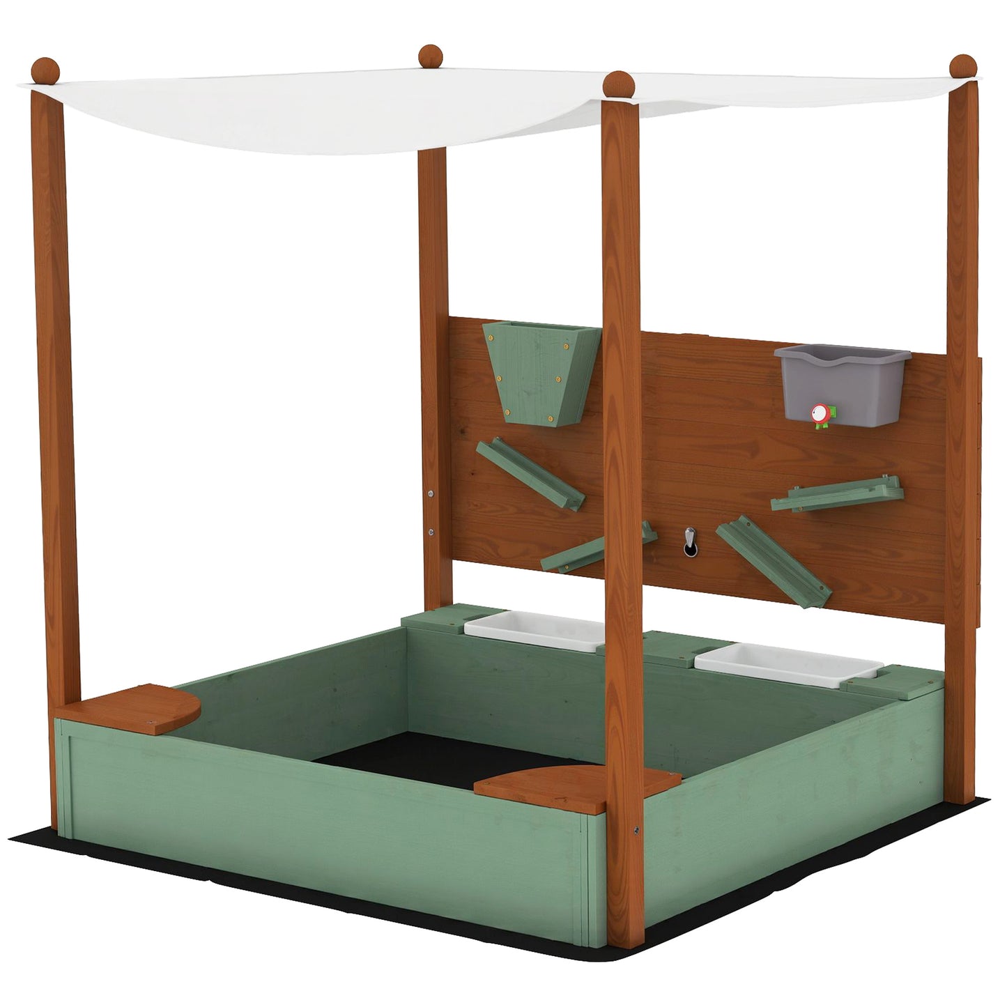 Wood Sandpit with Canopy, Storage Bins, Funnel, Liner, Chutes