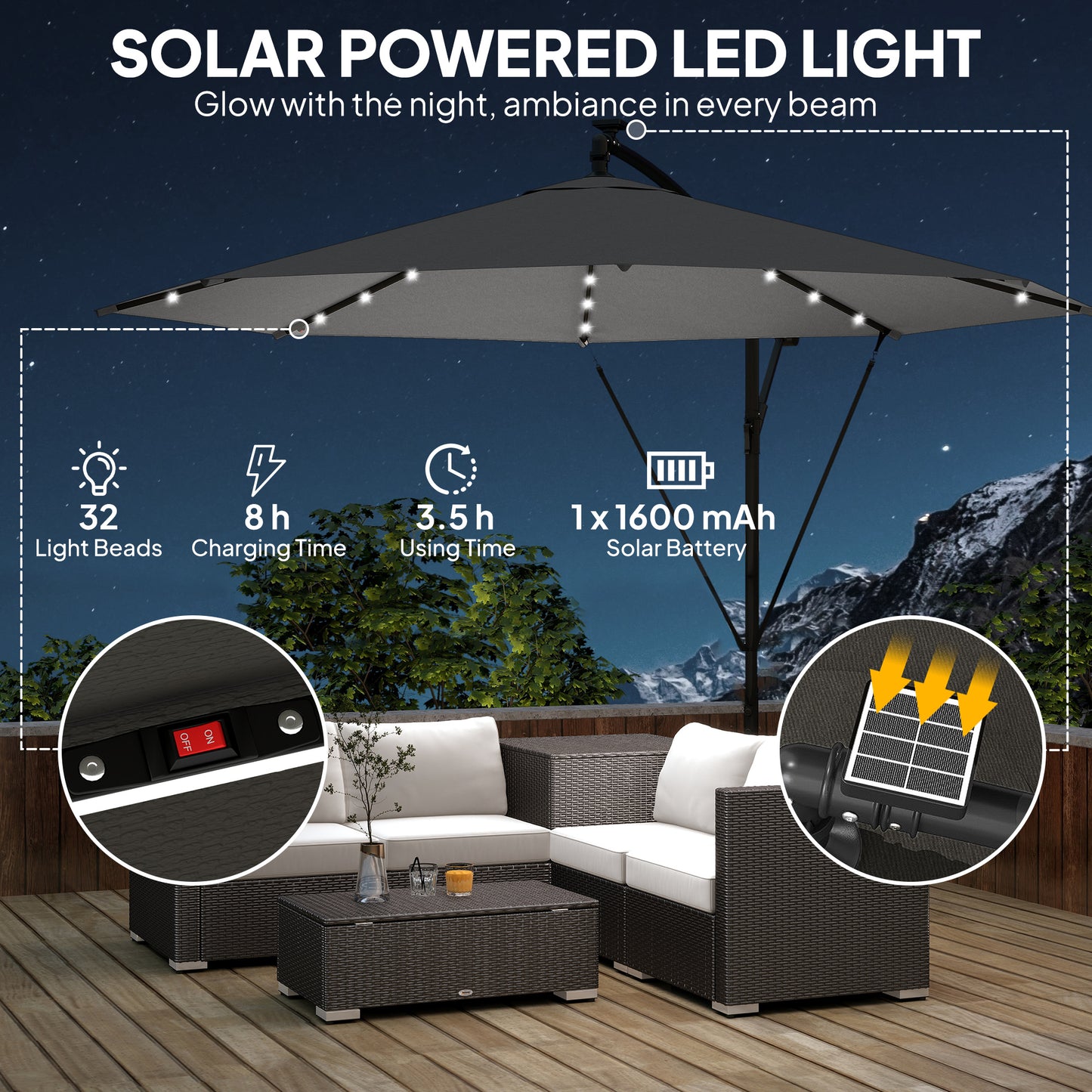 3 m Cantilever Parasol with Solar LED Lights Garden Umbrella