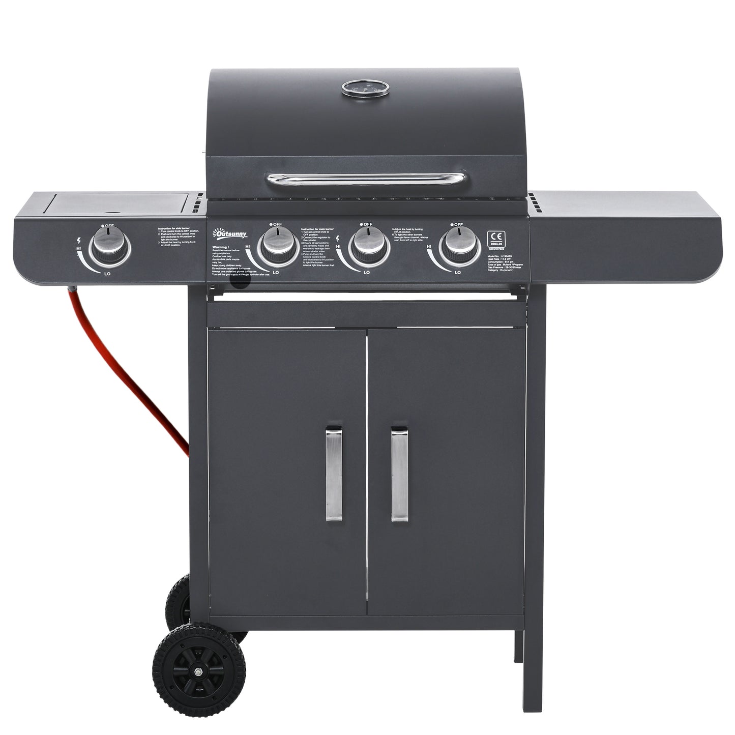 3+1 Burner Gas BBQ Grill, Outdoor Barbecue Trolley with Wheels