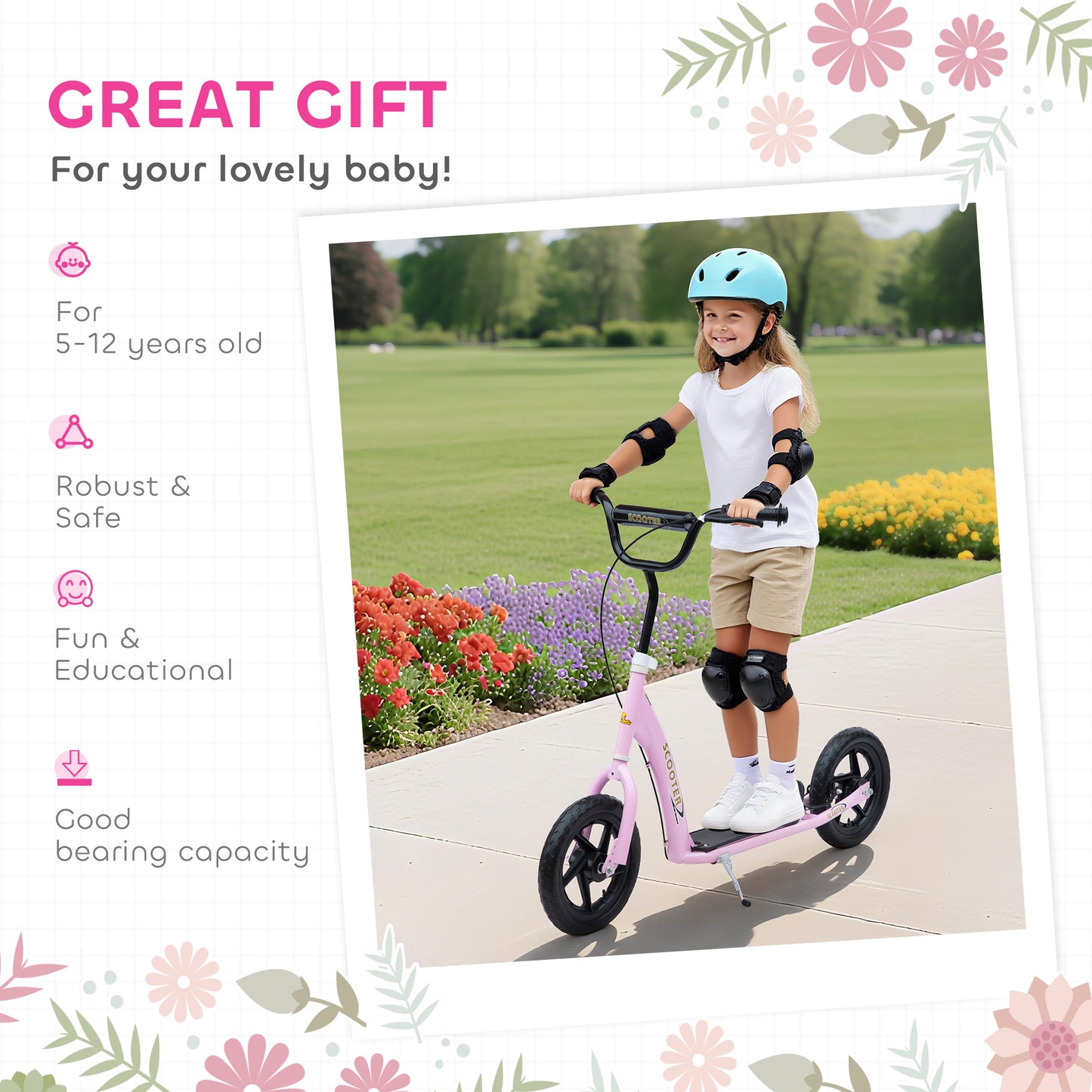 Kids Scooter Kick Scooter, with 12" EVA Tyres, Rear Brake