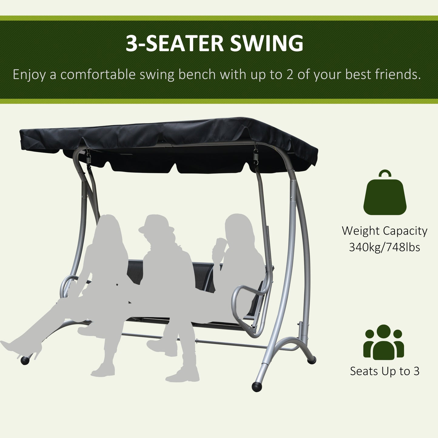 Three Person Steel Outdoor Porch Swing Chair Bench with Canopy Cover