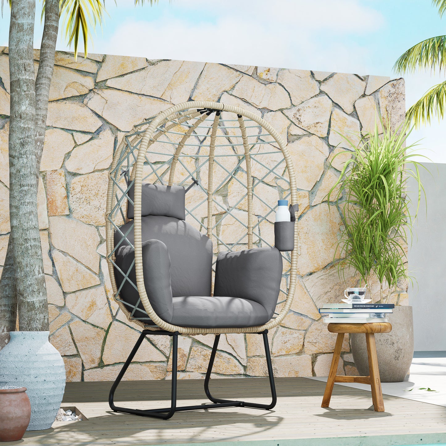 Rattan Egg Chair Outdoor Indoor Wicker Chair with Thickened Cushion