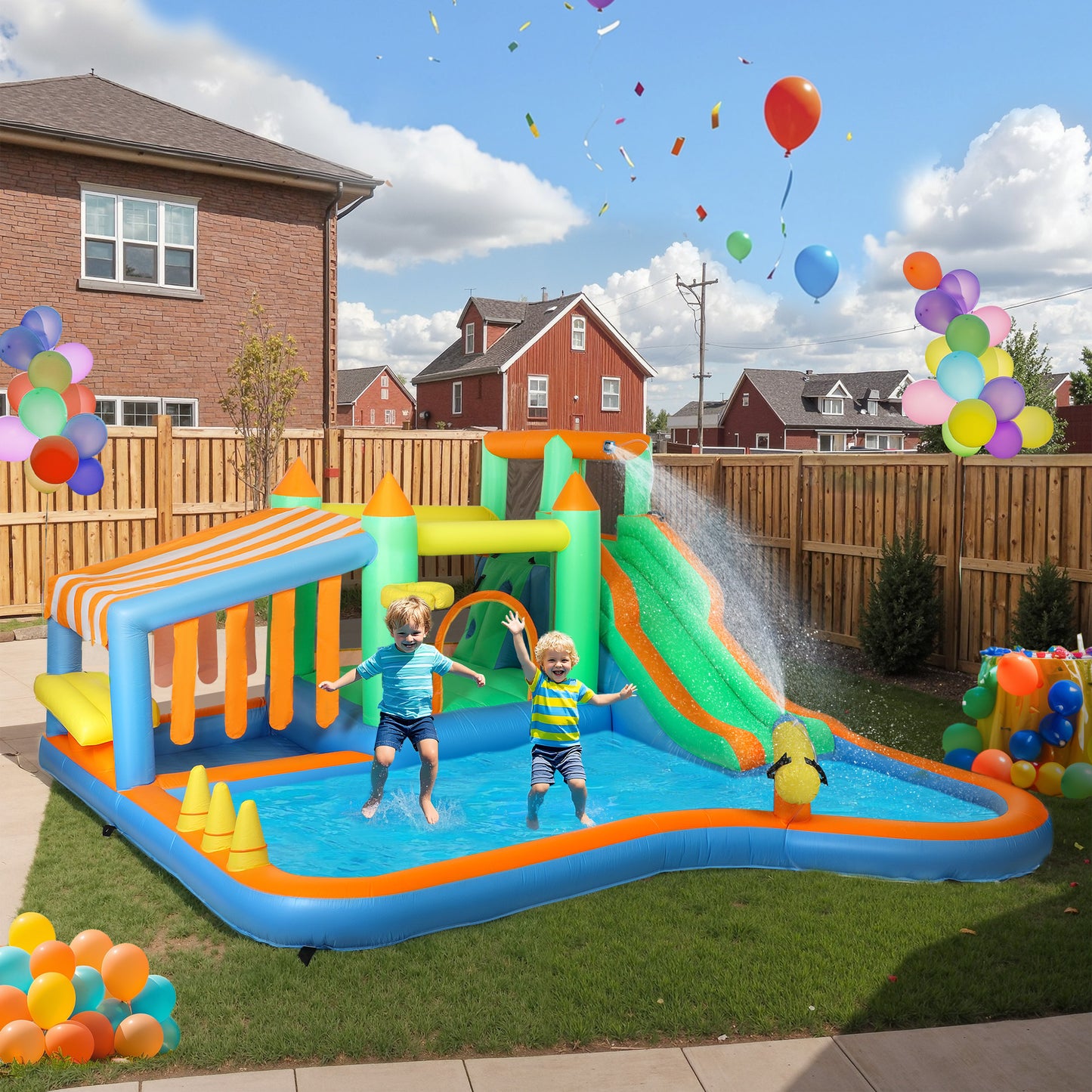 8 in 1 Inflatable Bounce House with 550W Blower, Slide, 2 Pools