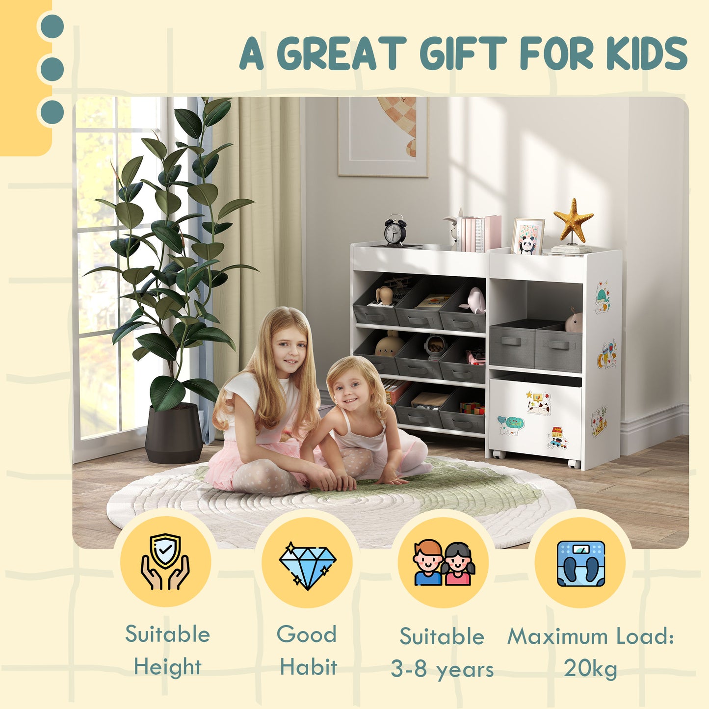 Kids Toy Storage Unit with 11 Bins, Cabinet, Top Shelves, 3 Stickers