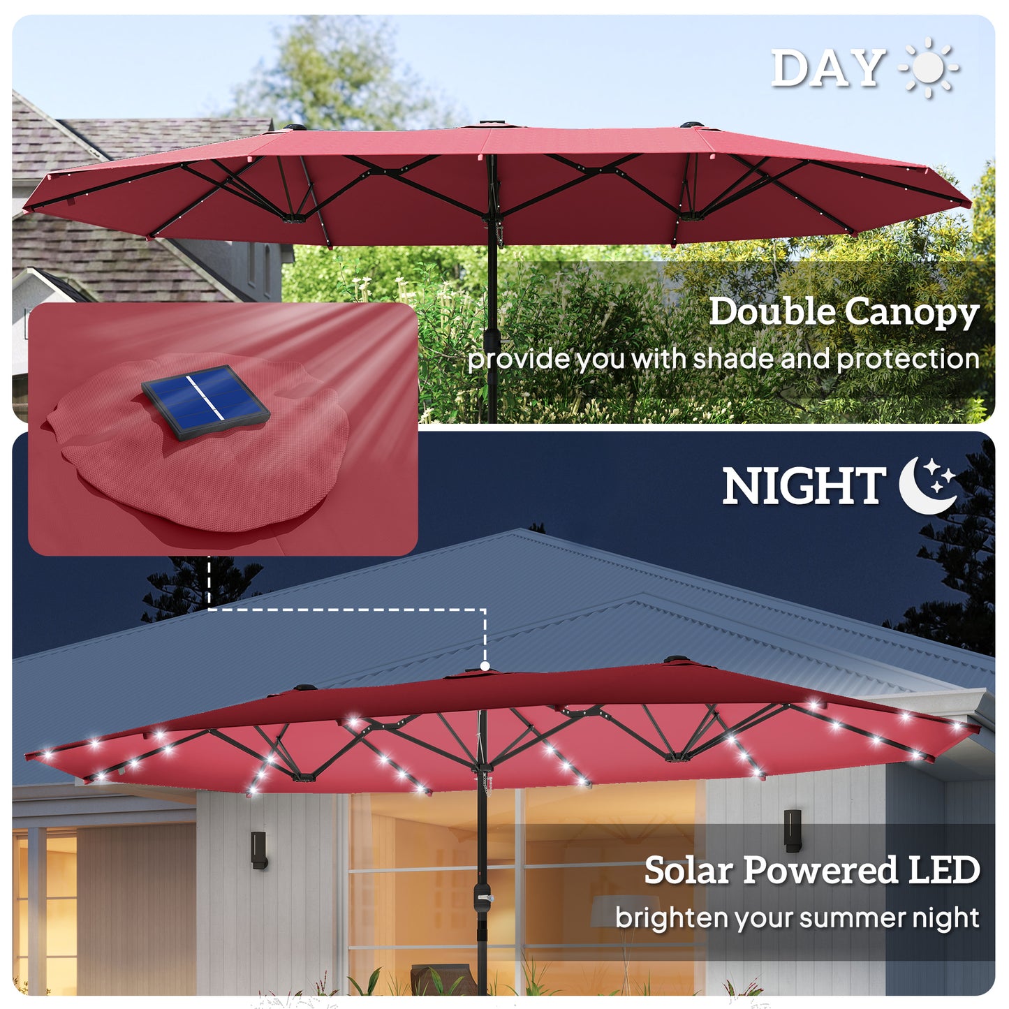 4.4m Double-Sided Sun Umbrella Patio Parasol LED Solar Lights