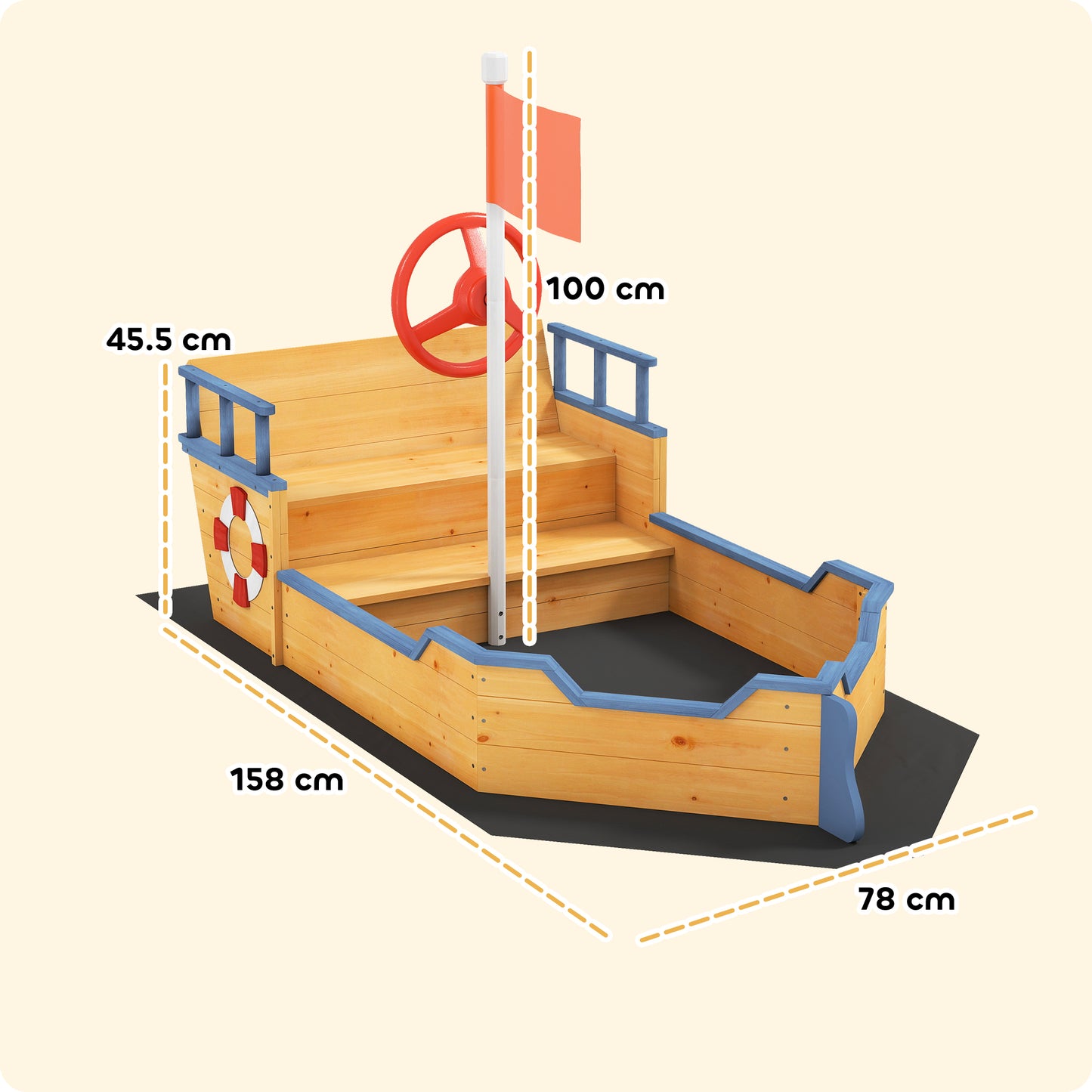 Kids Sand Pit, Children Pirate Ship Sandbox with Bench, Bottom Liner