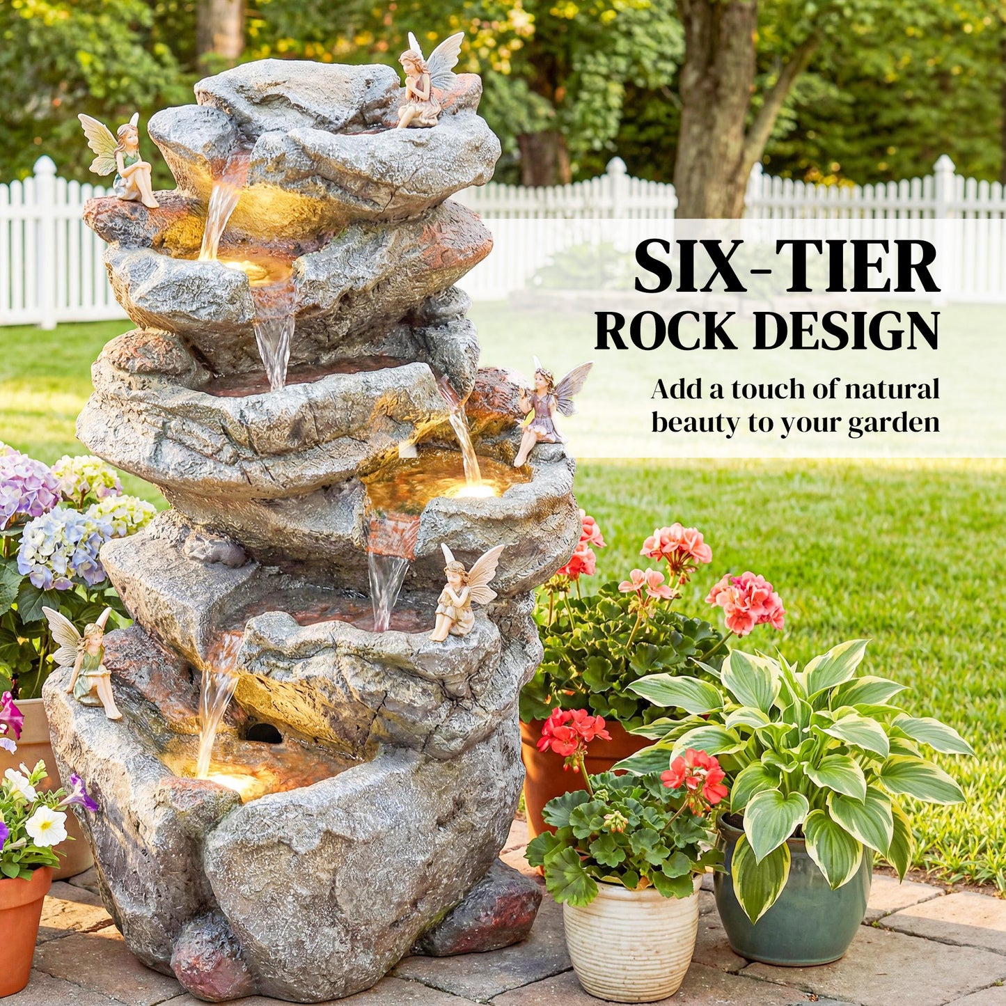 Outdoor Water Fountain with 6-Tier Rock Style