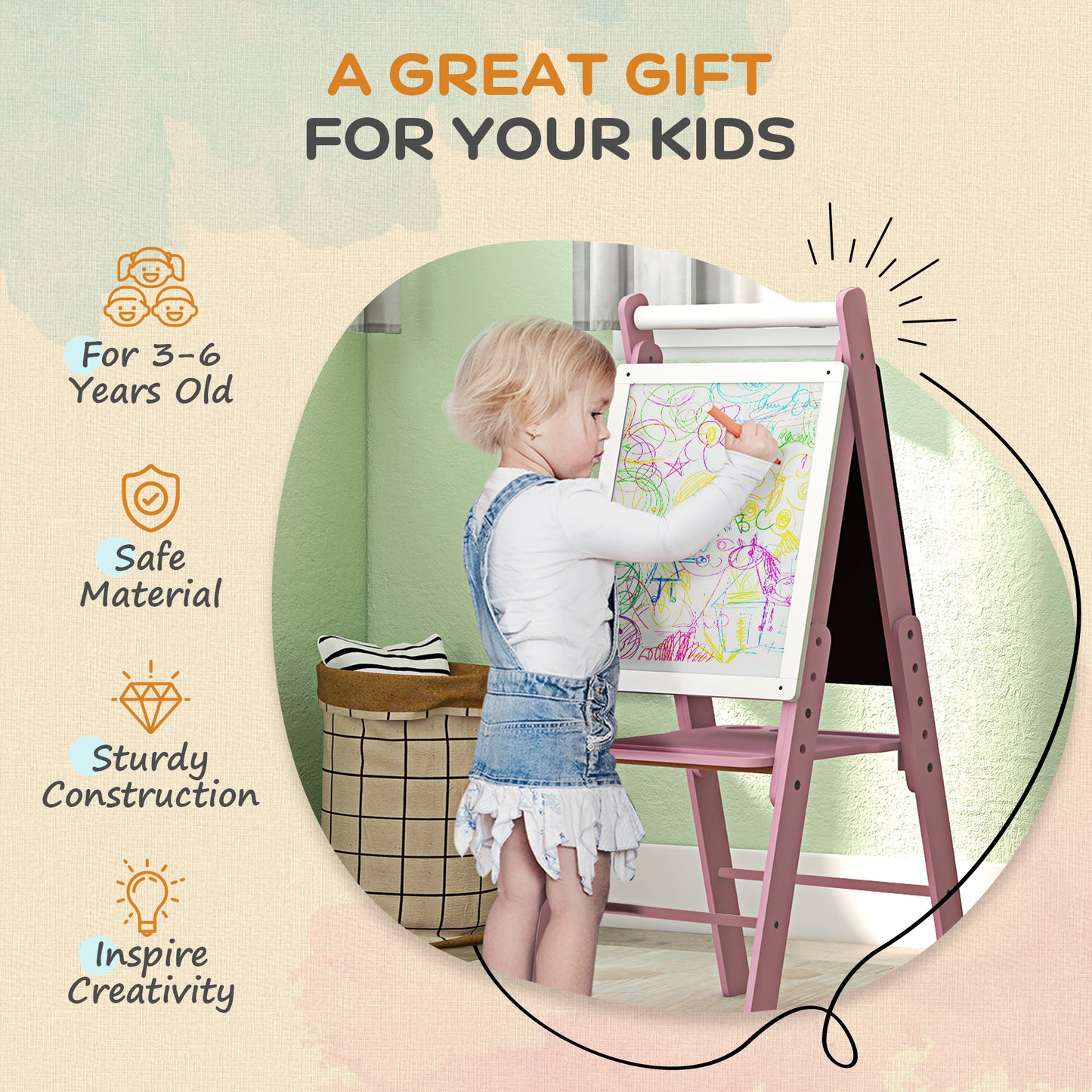 Three-In-One Easel for Kids, with Paper Roll, Adjustable Height